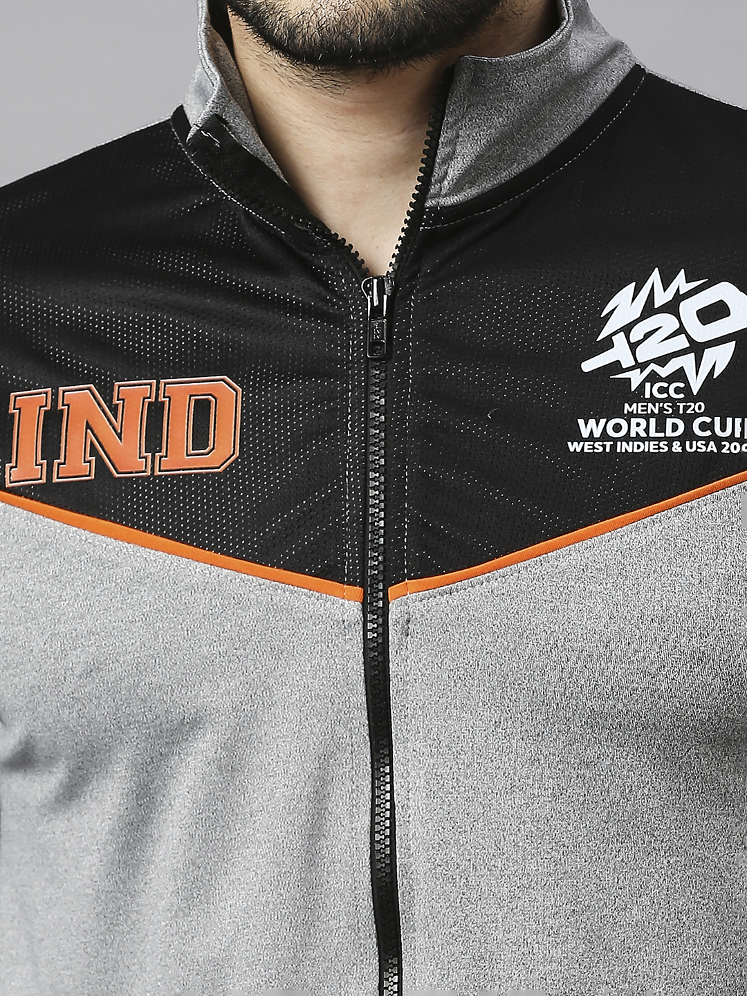 India ICC Men's T20 WC-24 Grey and Black Full Sleeves Stand Collar Polyester Jacket (8)