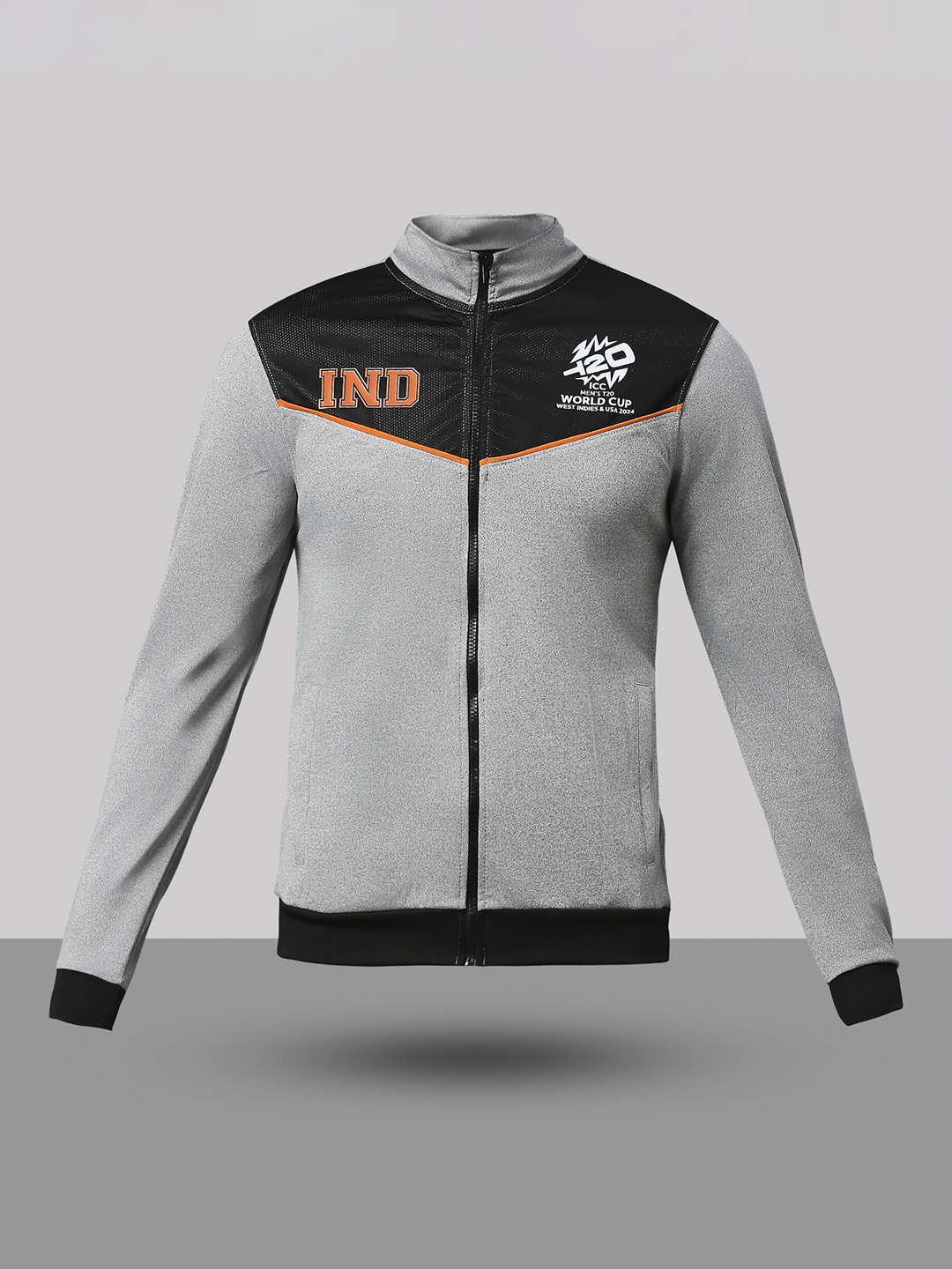 India ICC Men's T20 WC-24 Grey and Black Full Sleeves Stand Collar Polyester Jacket (9)
