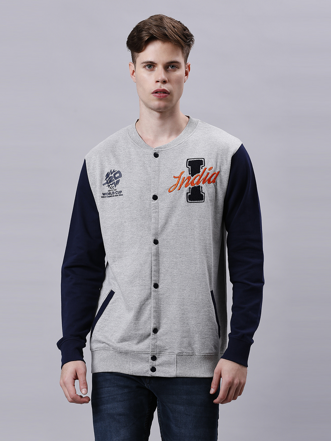 India ICC Men's T20 WC-24 Grey Melange and Navy Blue Colourblocked Full Sleeves Stand Collar Varsity Jacket (3)