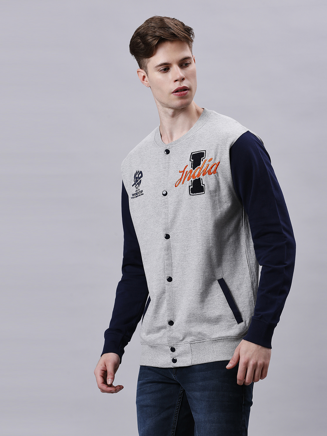 India ICC Men's T20 WC-24 Grey Melange and Navy Blue Colourblocked Full Sleeves Stand Collar Varsity Jacket (4)