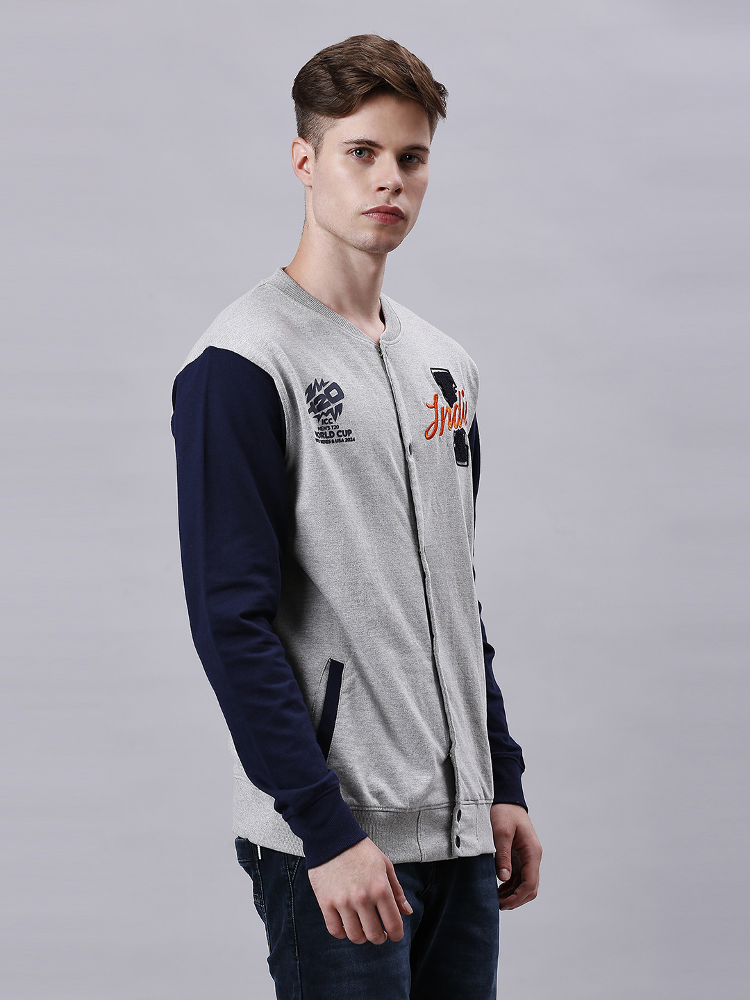 India ICC Men's T20 WC-24 Grey Melange and Navy Blue Colourblocked Full Sleeves Stand Collar Varsity Jacket (5)