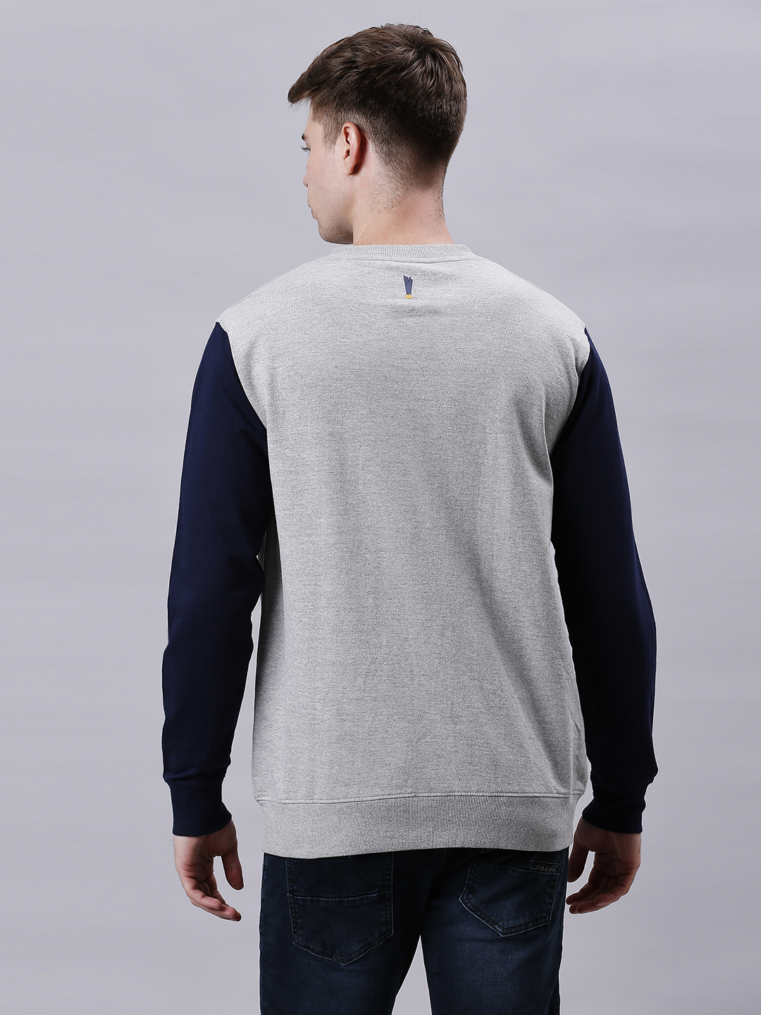 India ICC Men's T20 WC-24 Grey Melange and Navy Blue Colourblocked Full Sleeves Stand Collar Varsity Jacket (6)