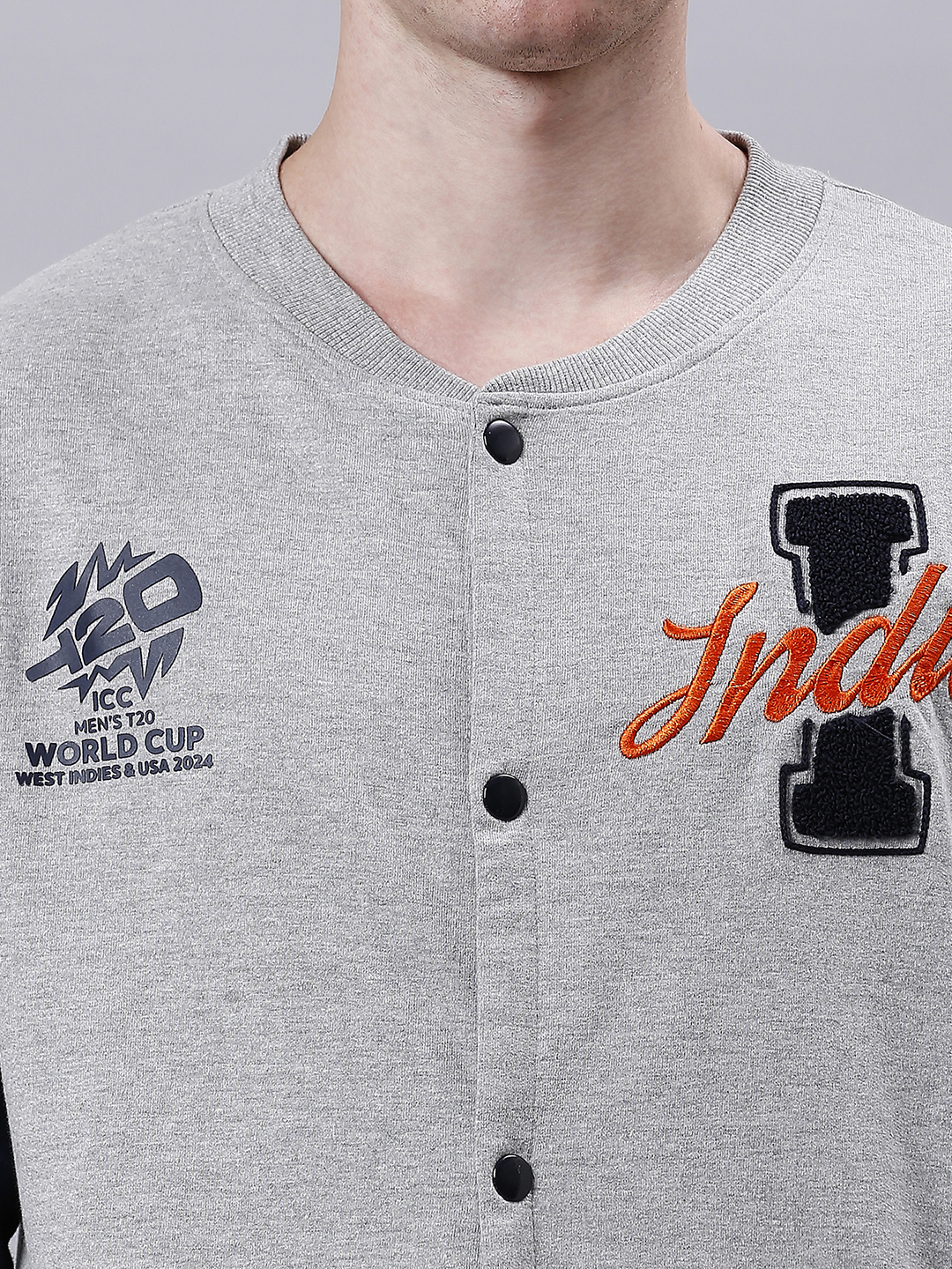 India ICC Men's T20 WC-24 Grey Melange and Navy Blue Colourblocked Full Sleeves Stand Collar Varsity Jacket (7)