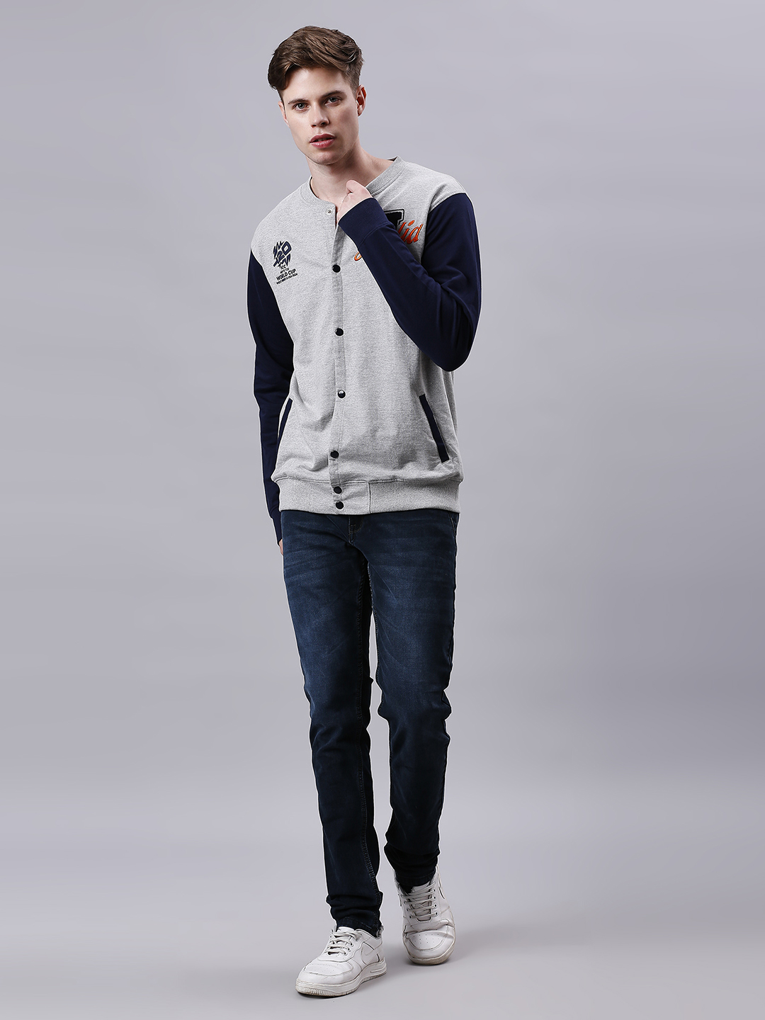 India ICC Men's T20 WC-24 Grey Melange and Navy Blue Colourblocked Full Sleeves Stand Collar Varsity Jacket (8)