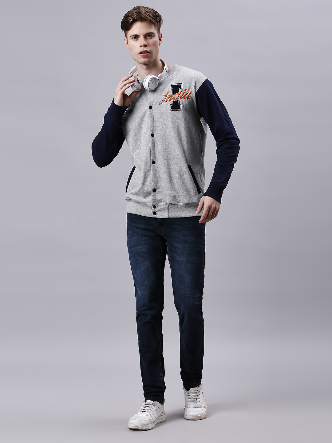 India ICC Men's T20 WC-24 Grey Melange and Navy Blue Colourblocked Full Sleeves Stand Collar Varsity Jacket (9)