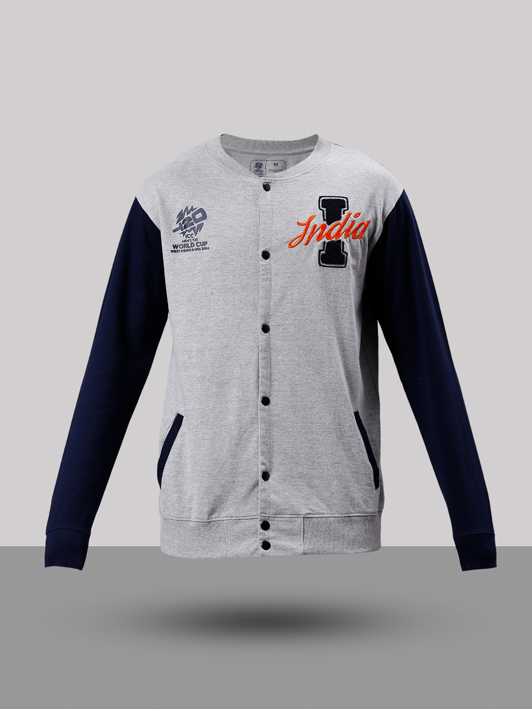 India ICC Men's T20 WC-24 Grey Melange and Navy Blue Colourblocked Full Sleeves Stand Collar Varsity Jacket (10)