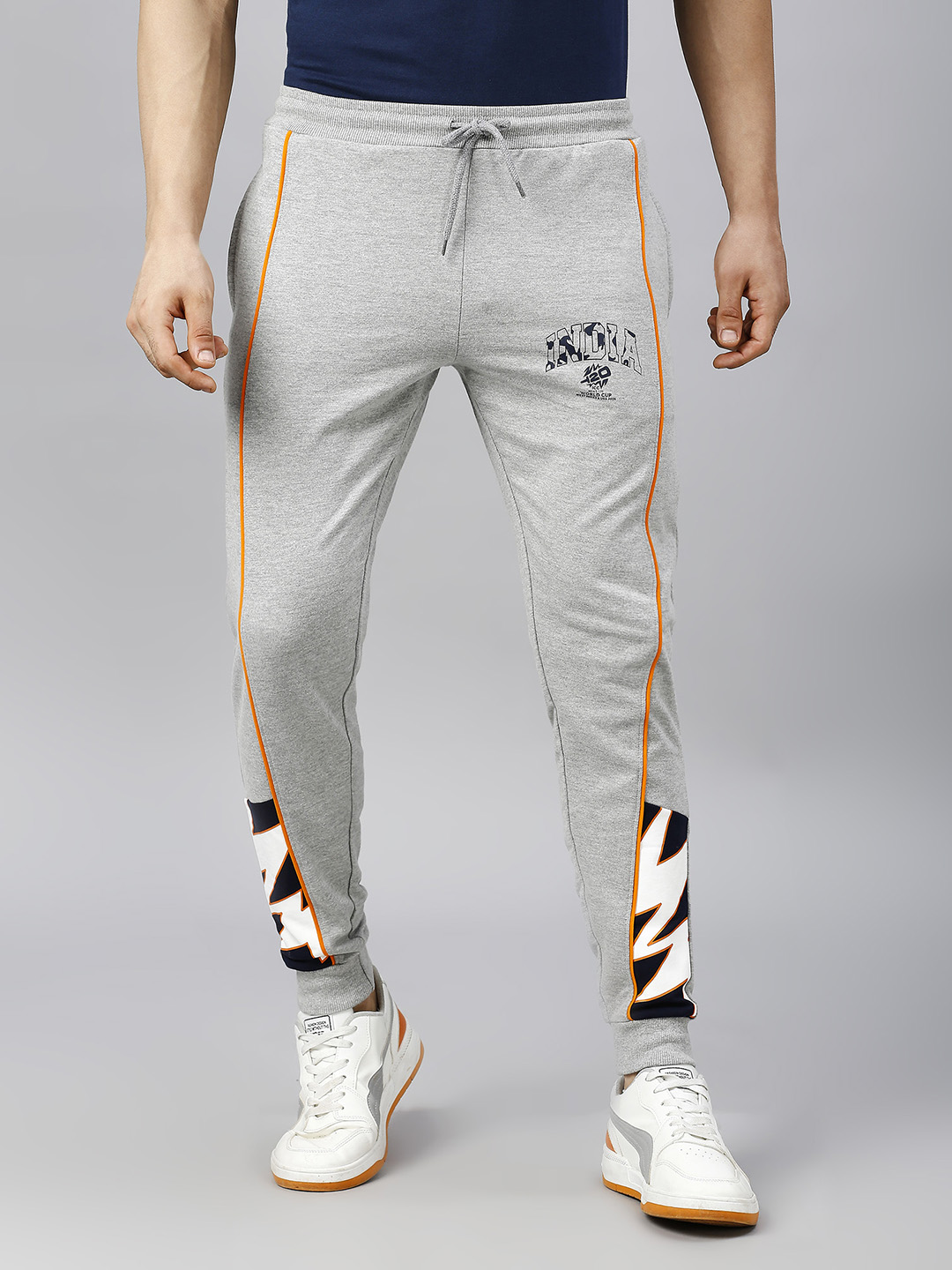 India ICC Men's T20 WC-24 Grey Melange Typography Printed Mid-Rise Slim Fit Training Joggers (2)