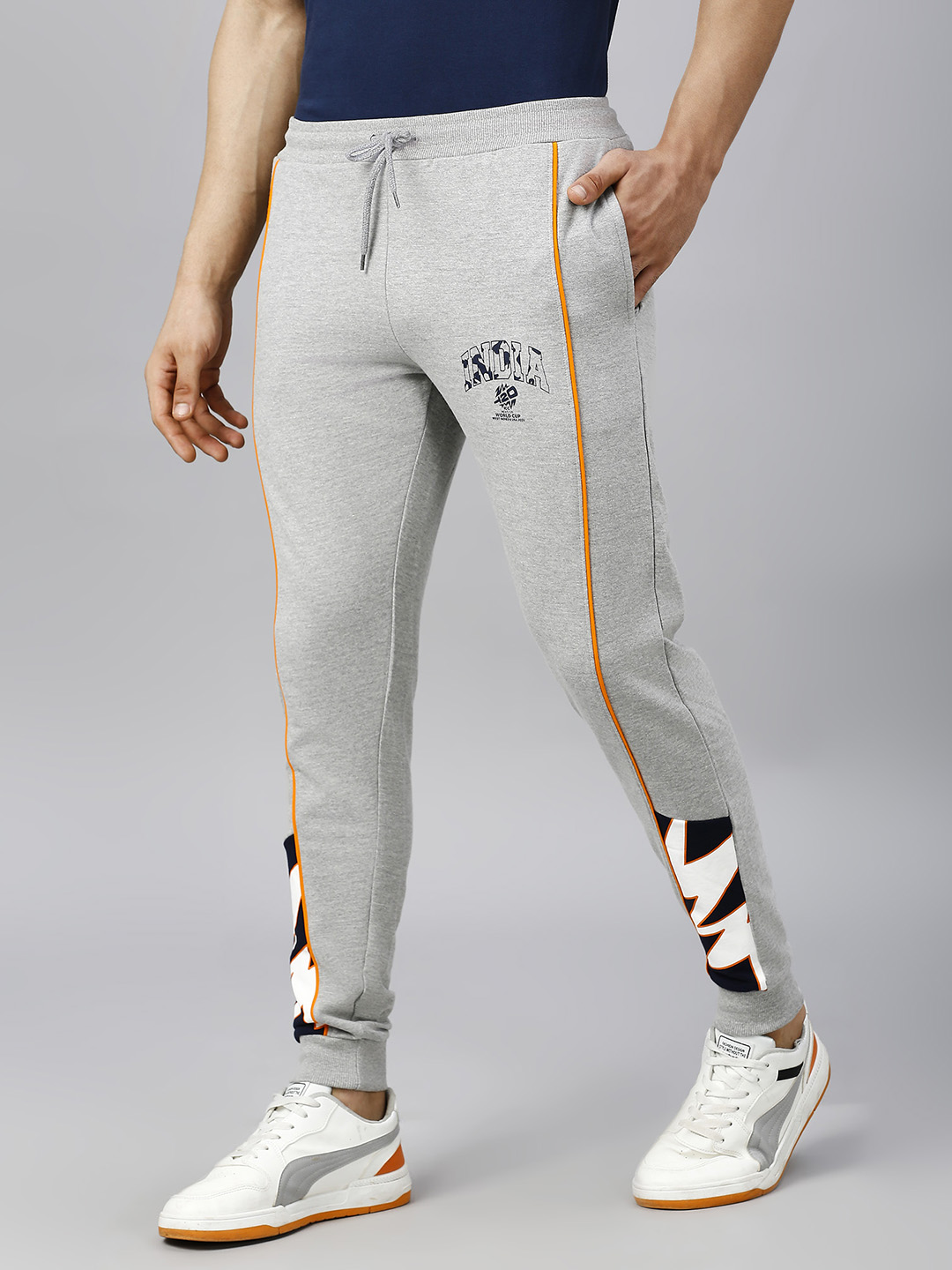 India ICC Men's T20 WC-24 Grey Melange Typography Printed Mid-Rise Slim Fit Training Joggers (3)