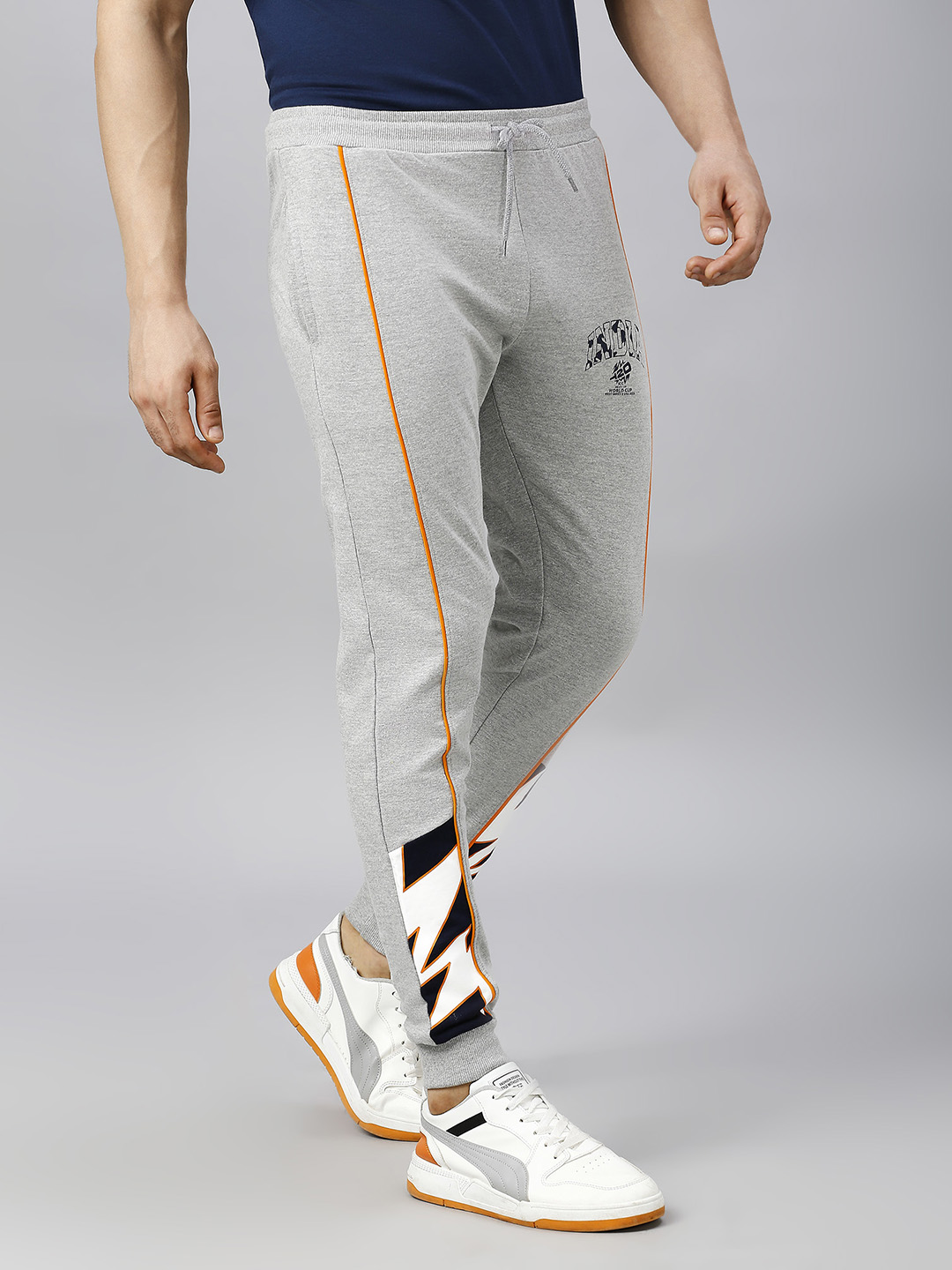 India ICC Men's T20 WC-24 Grey Melange Typography Printed Mid-Rise Slim Fit Training Joggers (4)