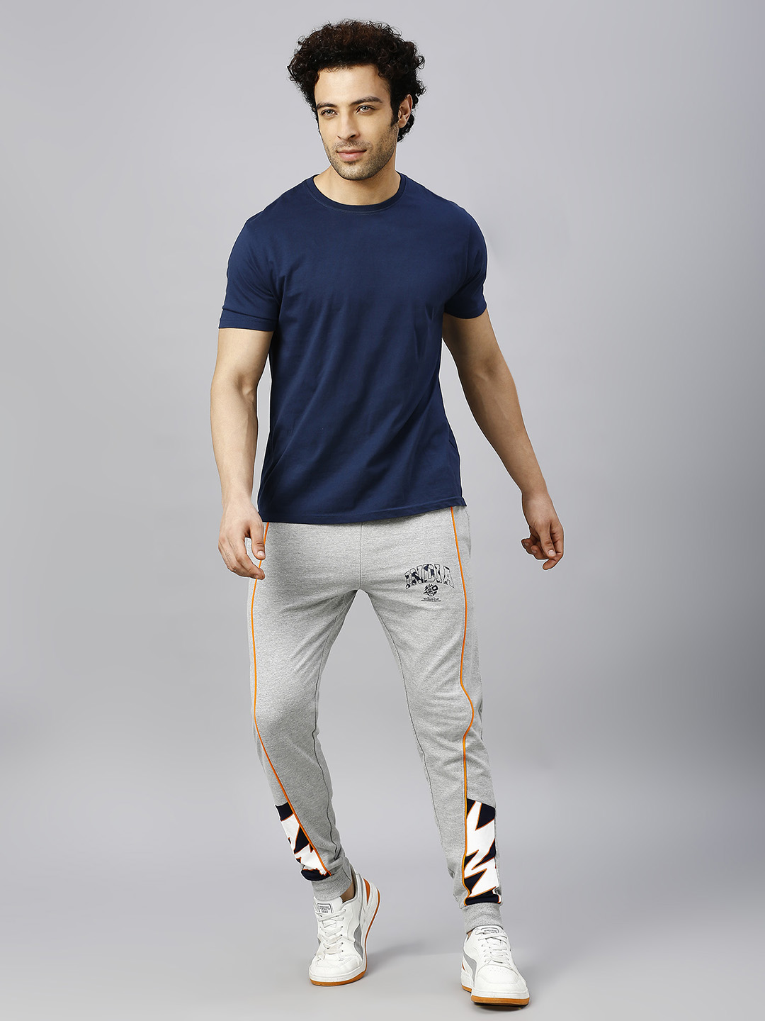 India ICC Men's T20 WC-24 Grey Melange Typography Printed Mid-Rise Slim Fit Training Joggers (6)