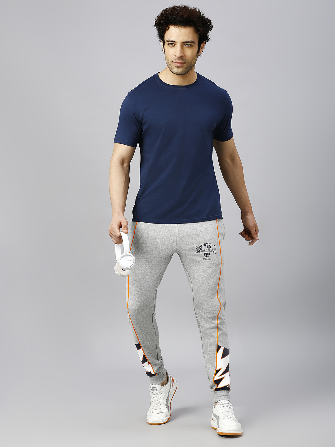 India ICC Men's T20 WC-24 Grey Melange Typography Printed Mid-Rise Slim Fit Training Joggers (7)