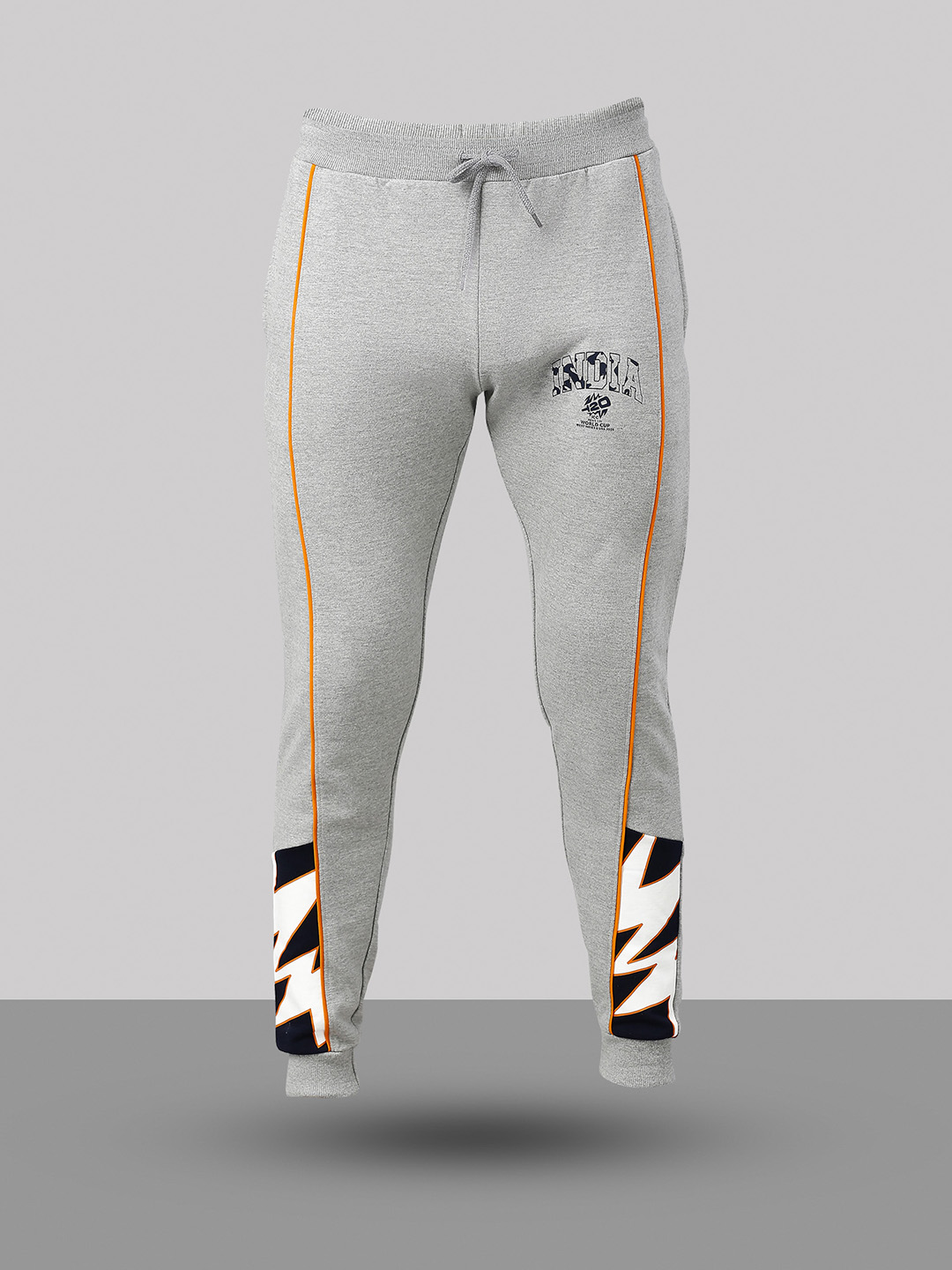 India ICC Men's T20 WC-24 Grey Melange Typography Printed Mid-Rise Slim Fit Training Joggers (9)