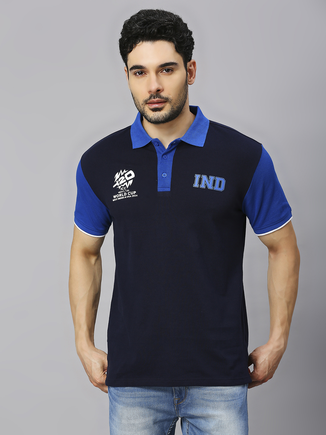 India ICC Men's T20 WC-24 Navy and Royal Blue Colourblocked Half Sleeves Polo Collar Cotton T-Shirt (2)