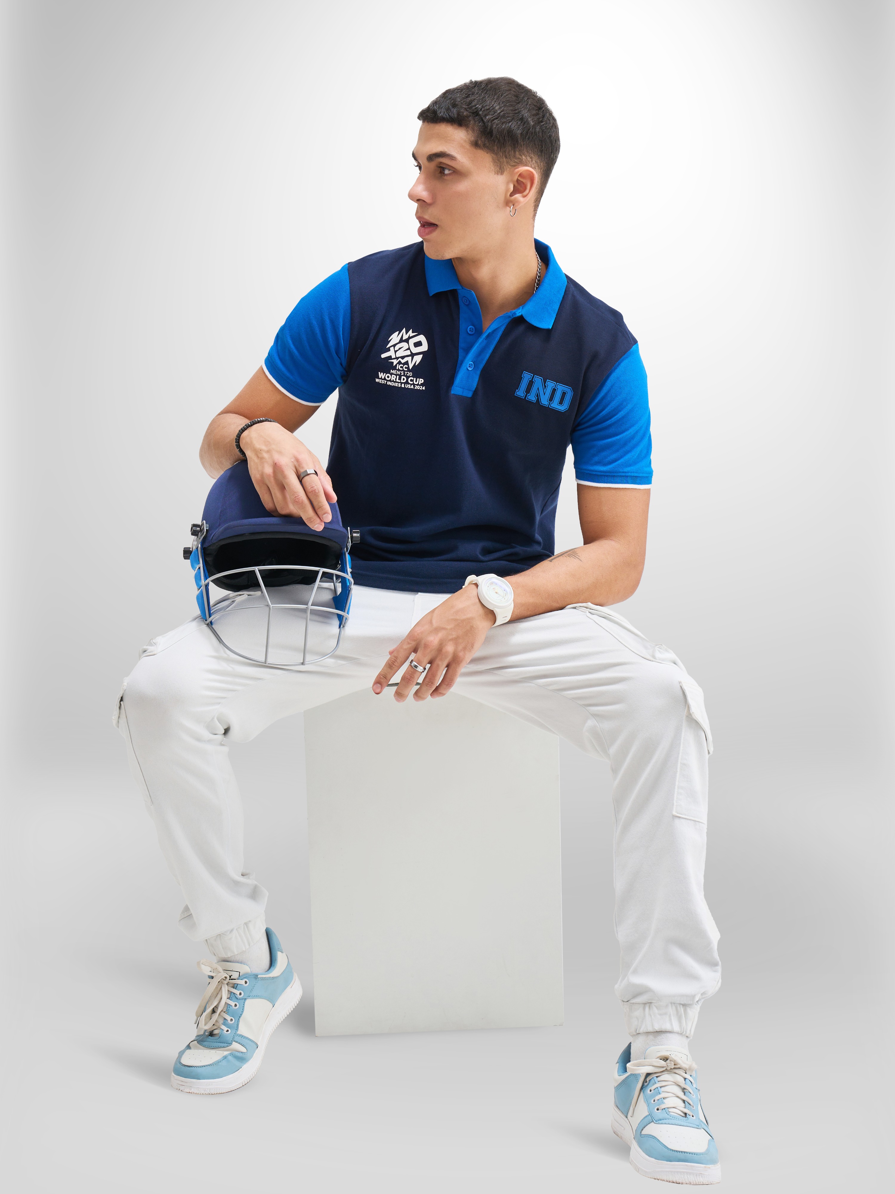 India ICC Men's T20 WC-24 Navy and Royal Blue Colourblocked Half Sleeves Polo Collar Cotton T-Shirt (1)