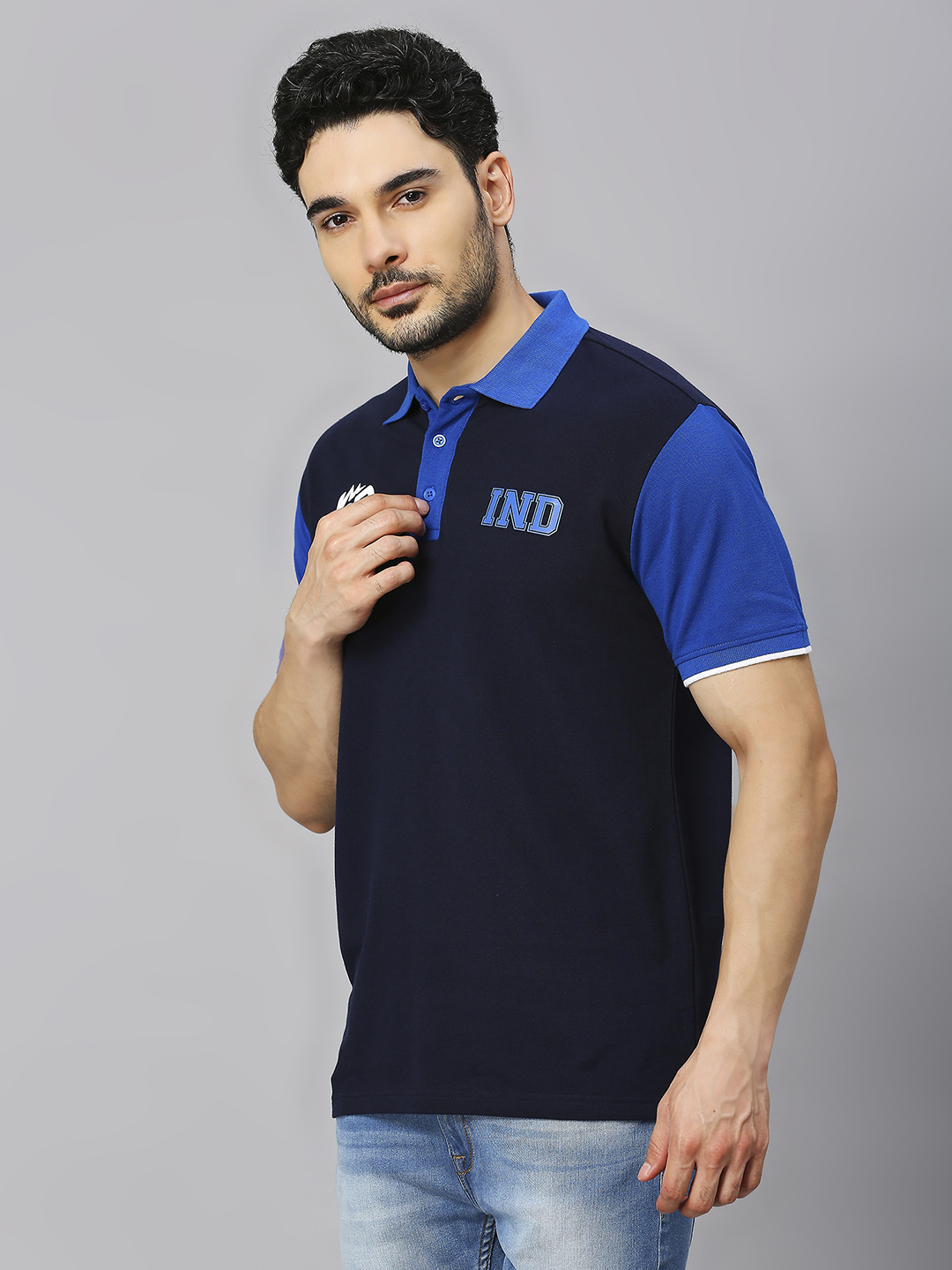India ICC Men's T20 WC-24 Navy and Royal Blue Colourblocked Half Sleeves Polo Collar Cotton T-Shirt (3)
