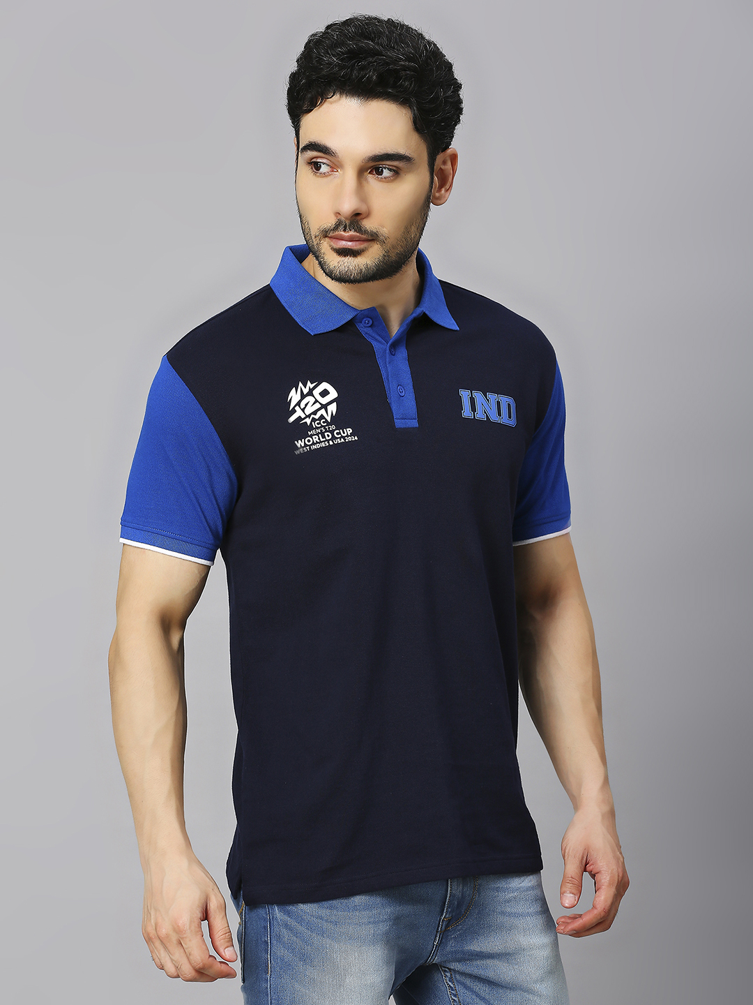India ICC Men's T20 WC-24 Navy and Royal Blue Colourblocked Half Sleeves Polo Collar Cotton T-Shirt (4)