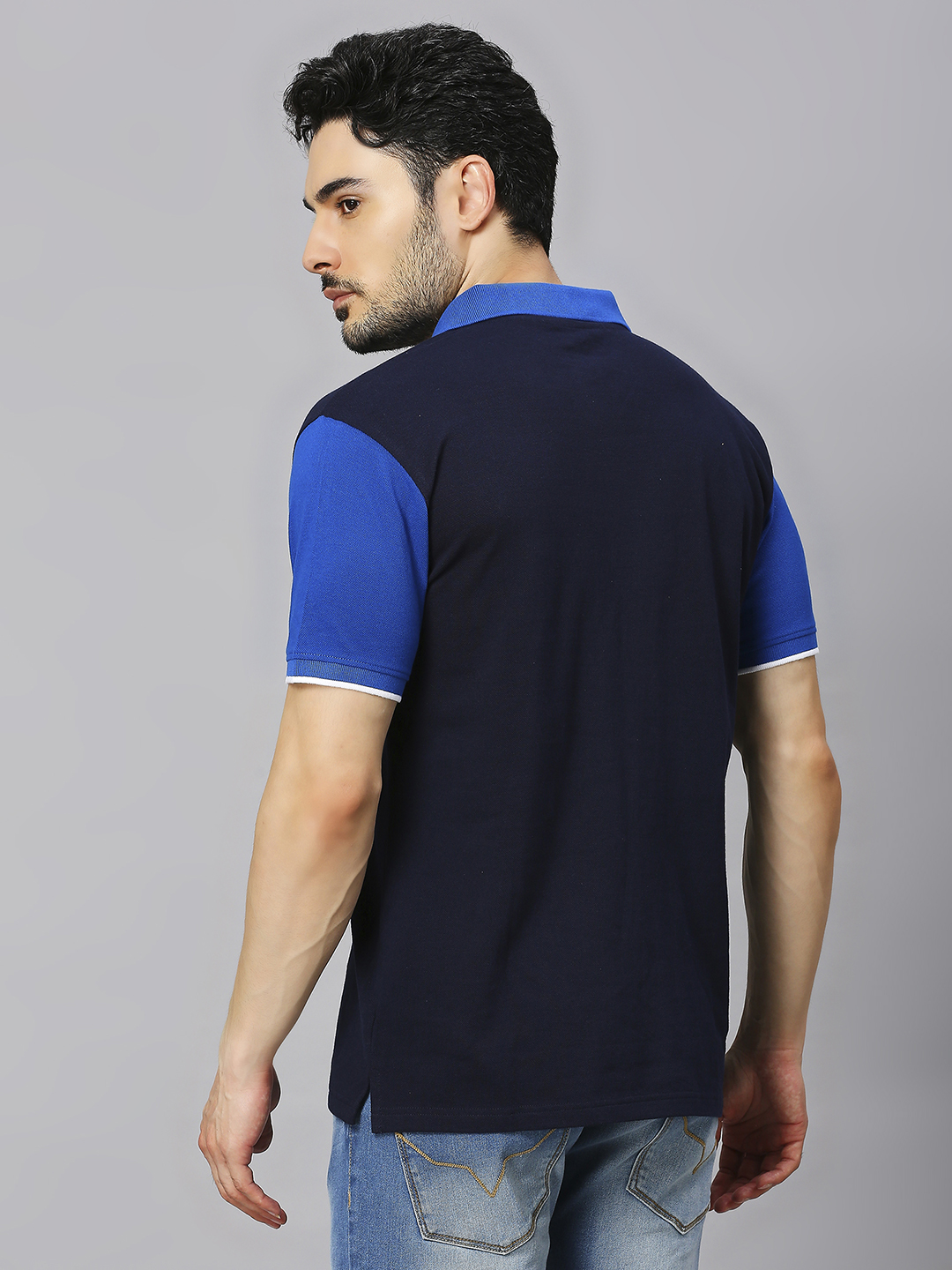 India ICC Men's T20 WC-24 Navy and Royal Blue Colourblocked Half Sleeves Polo Collar Cotton T-Shirt (5)