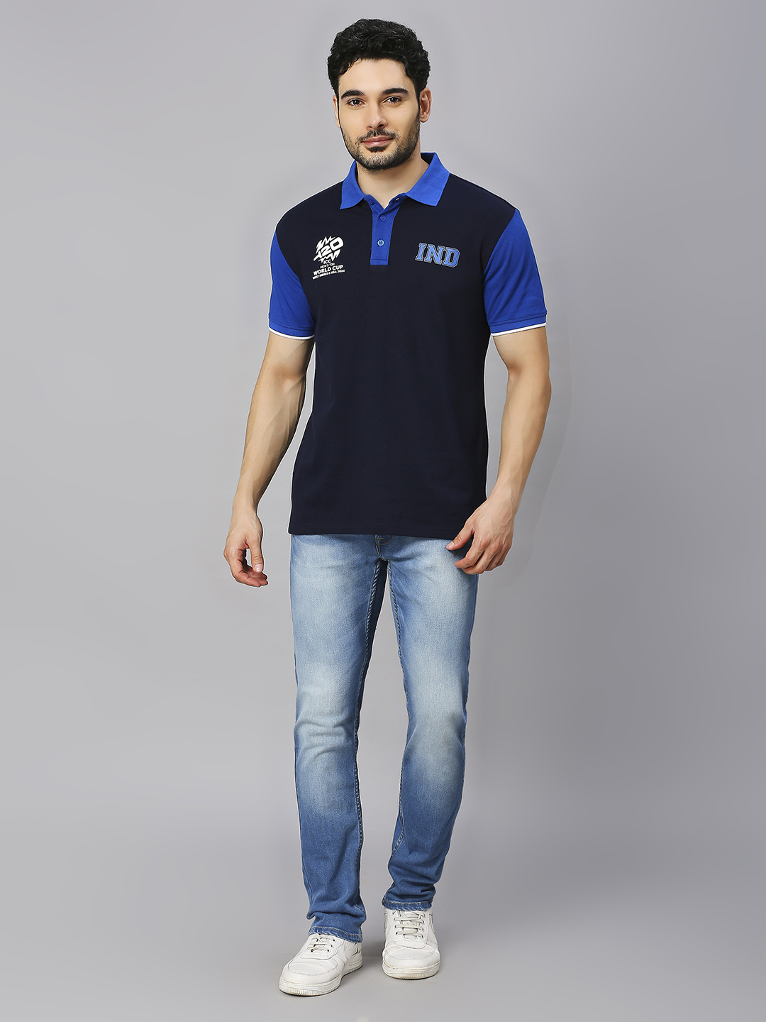 India ICC Men's T20 WC-24 Navy and Royal Blue Colourblocked Half Sleeves Polo Collar Cotton T-Shirt (6)