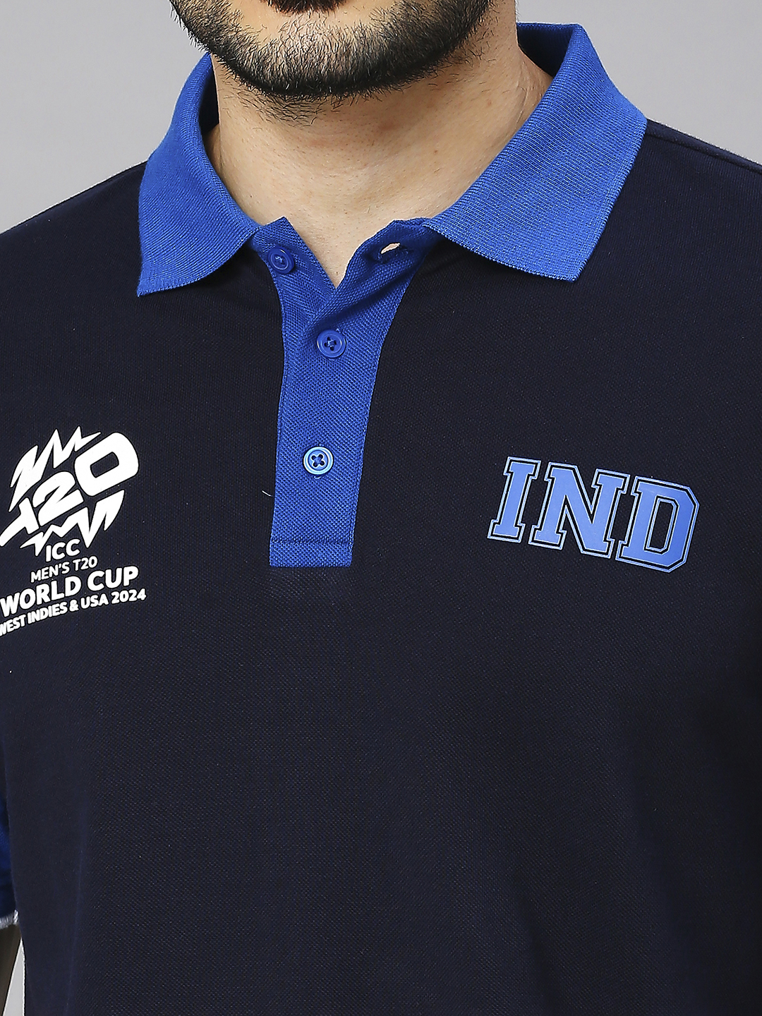 India ICC Men's T20 WC-24 Navy and Royal Blue Colourblocked Half Sleeves Polo Collar Cotton T-Shirt (8)