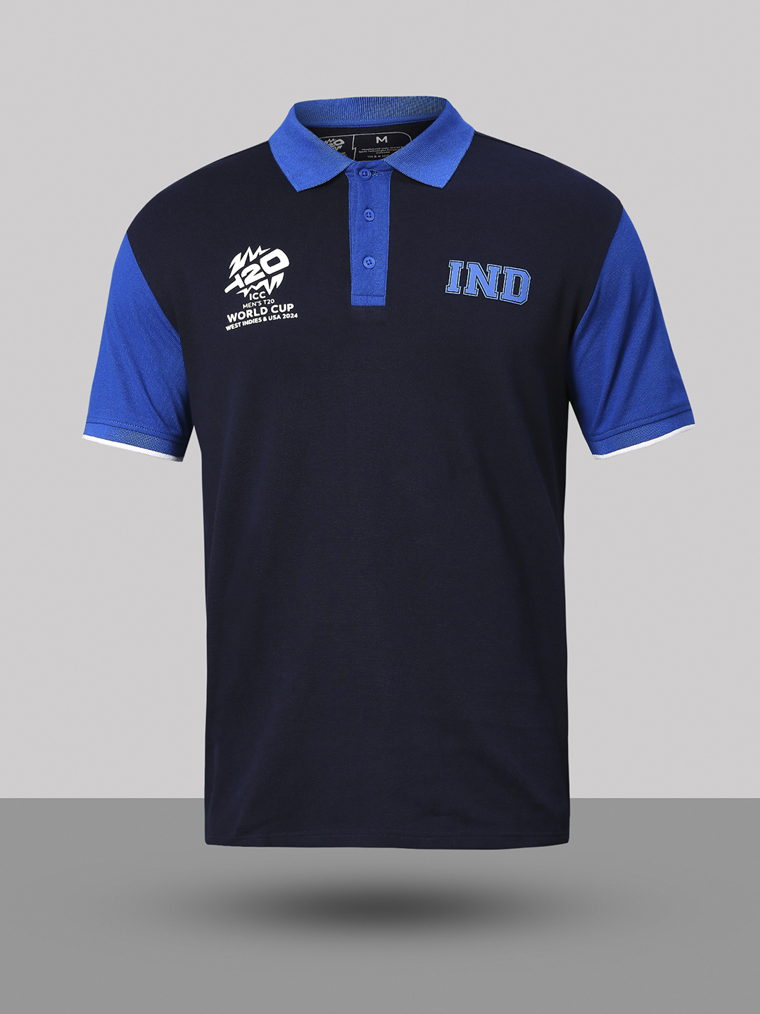 India ICC Men's T20 WC-24 Navy and Royal Blue Colourblocked Half Sleeves Polo Collar Cotton T-Shirt (10)