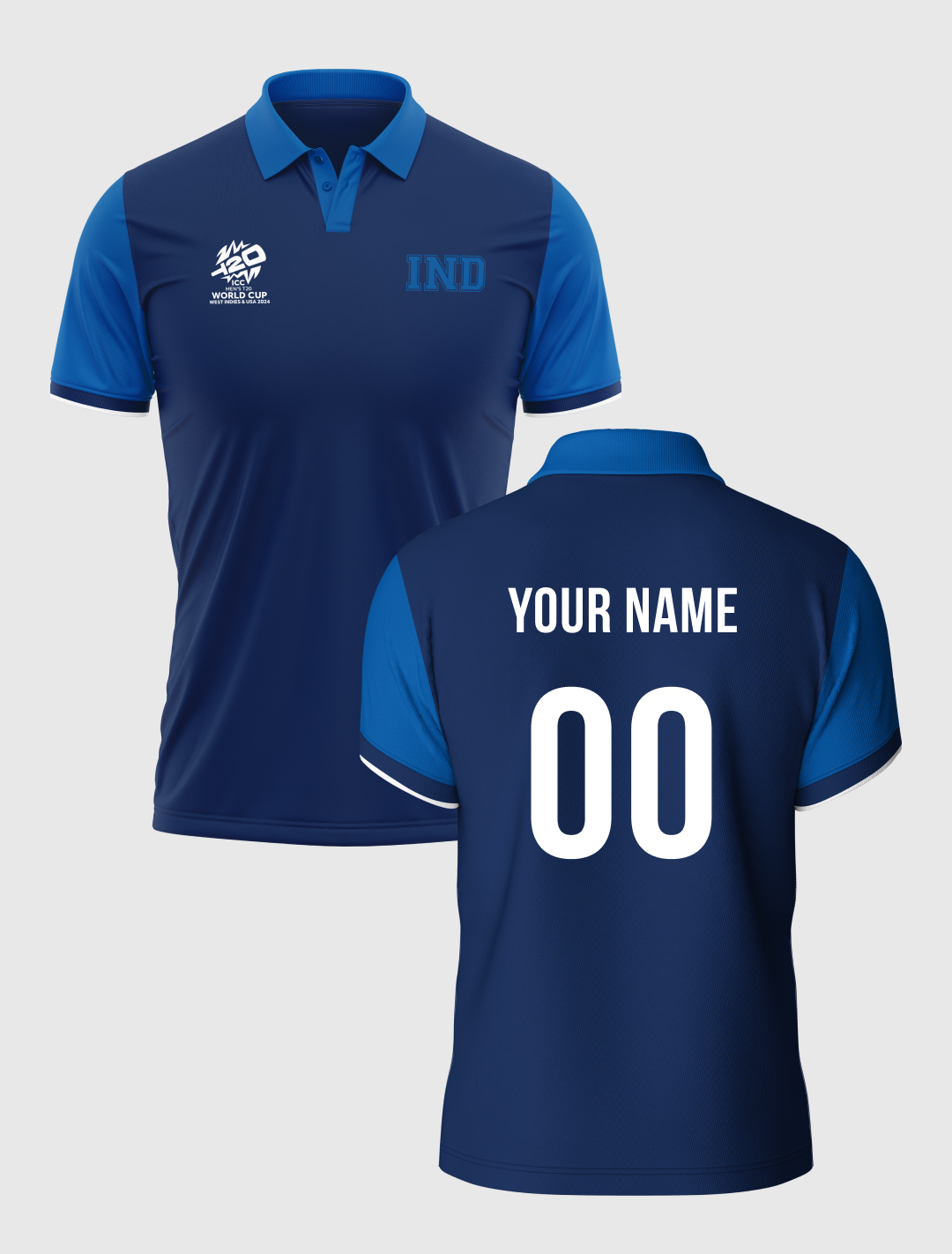 India ICC Men's T20 WC-24 Navy and Royal Blue Colourblocked Half Sleeves Polo Collar Cotton T-Shirt - Customised (2)