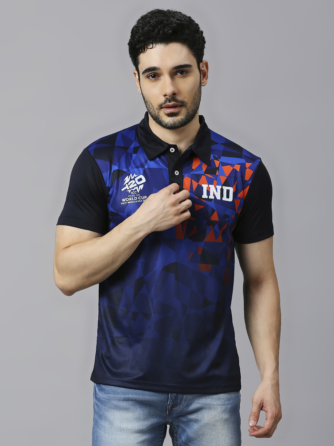 ICC Men's T20 WC-24 Navy Blue All Over Print Half Sleeves Polo Collar Polyester T-Shirt