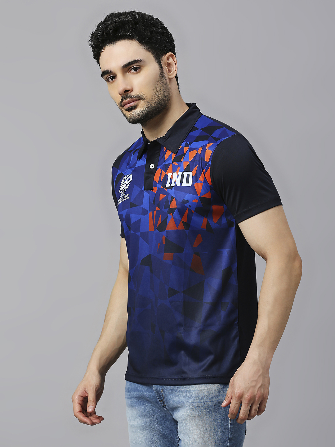 India ICC Men's T20 WC-24 Navy Blue All Over Print Half Sleeves Polo Collar Polyester T-Shirt (3)