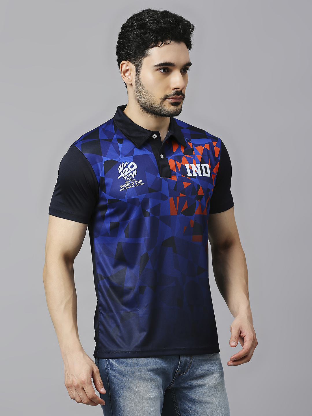 India ICC Men's T20 WC-24 Navy Blue All Over Print Half Sleeves Polo Collar Polyester T-Shirt (4)