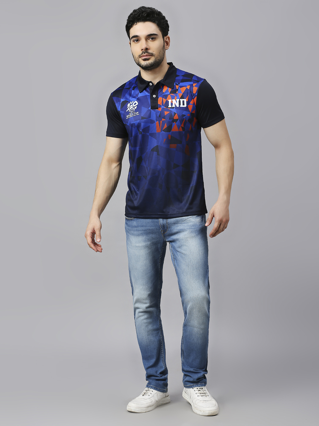 India ICC Men's T20 WC-24 Navy Blue All Over Print Half Sleeves Polo Collar Polyester T-Shirt (6)