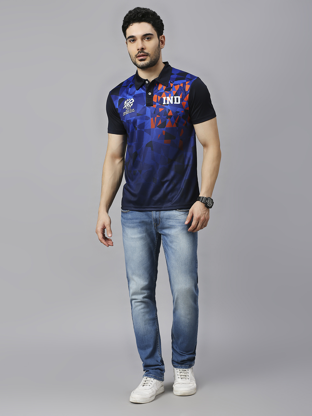 India ICC Men's T20 WC-24 Navy Blue All Over Print Half Sleeves Polo Collar Polyester T-Shirt (7)