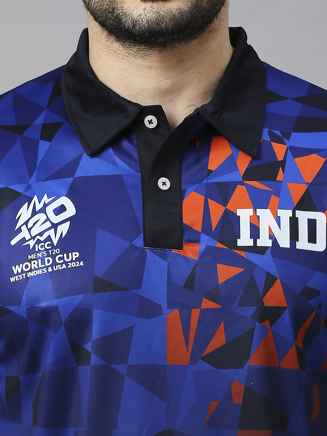 India ICC Men's T20 WC-24 Navy Blue All Over Print Half Sleeves Polo Collar Polyester T-Shirt (8)