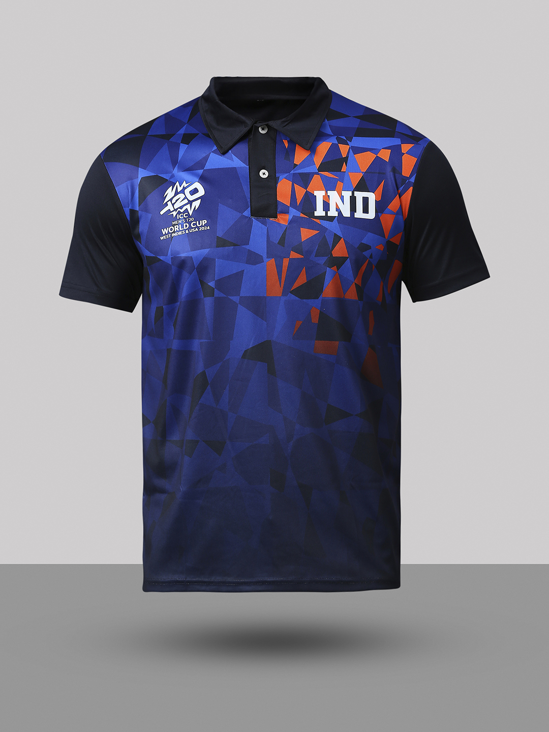 India ICC Men's T20 WC-24 Navy Blue All Over Print Half Sleeves Polo Collar Polyester T-Shirt (9)