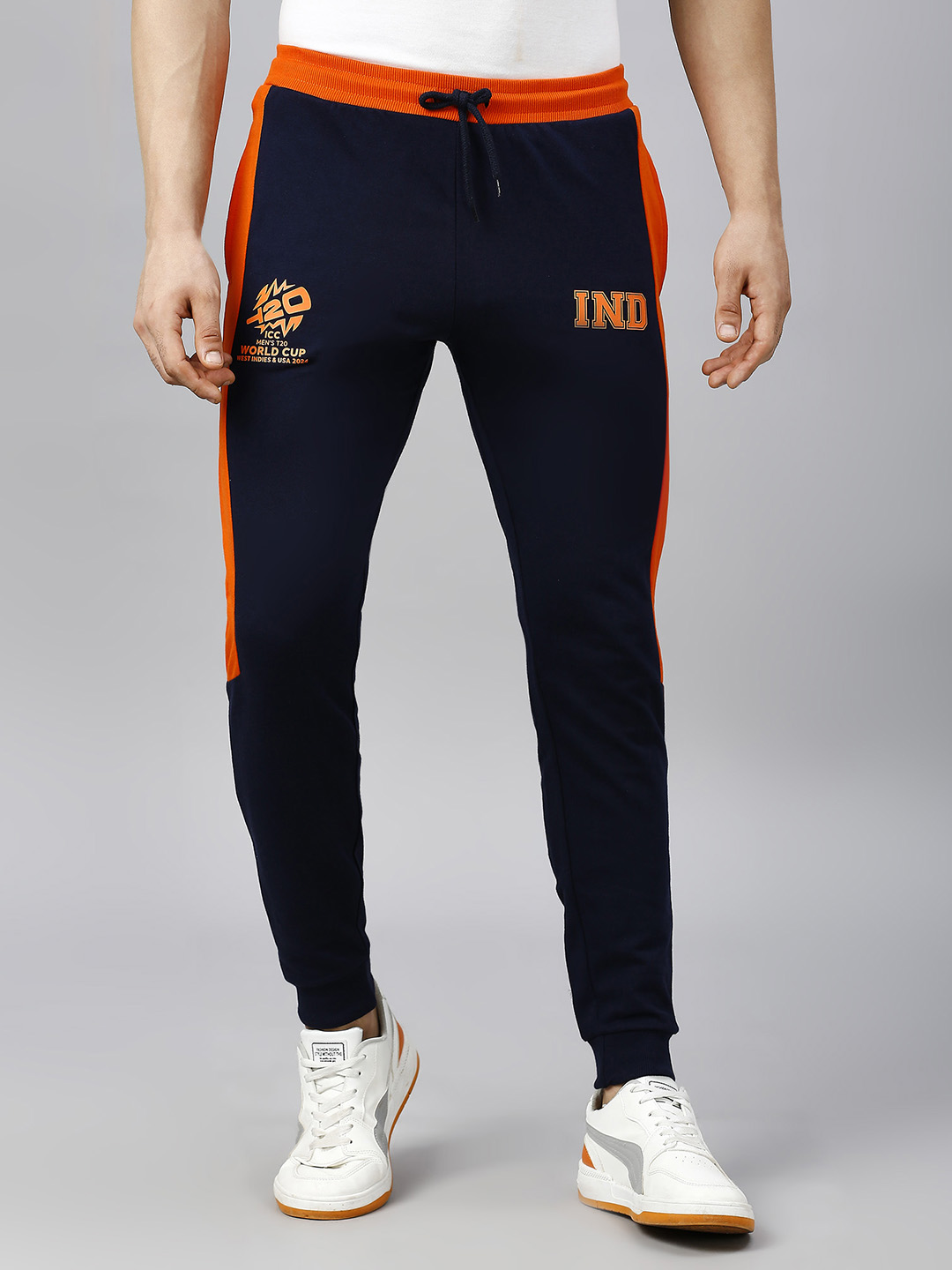 India ICC Men's T20 WC-24 Navy Blue and Colourblocked Mid-Rise Slim Fit Training Joggers (2)
