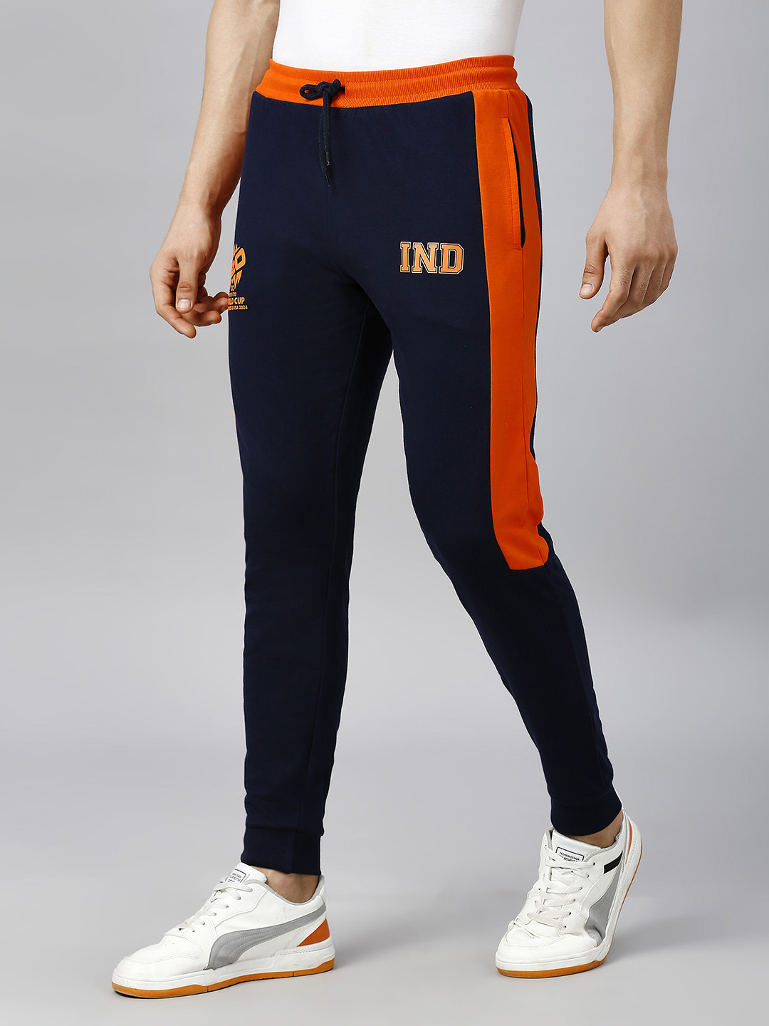 India ICC Men's T20 WC-24 Navy Blue and Colourblocked Mid-Rise Slim Fit Training Joggers (3)