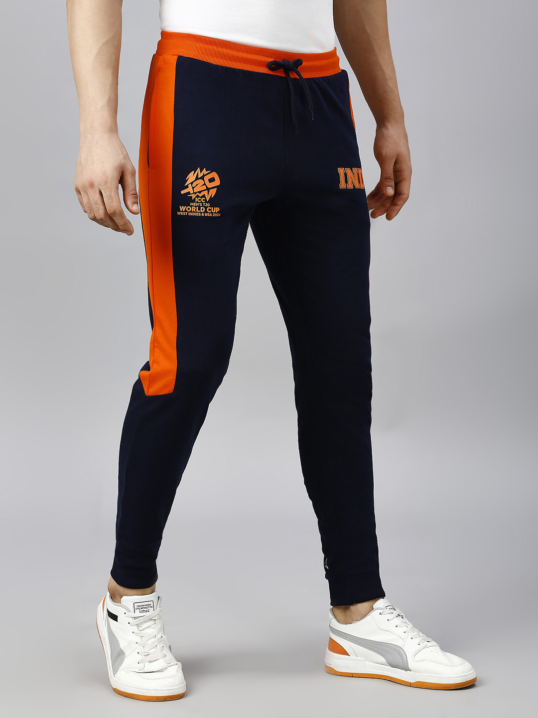 India ICC Men's T20 WC-24 Navy Blue and Colourblocked Mid-Rise Slim Fit Training Joggers (4)