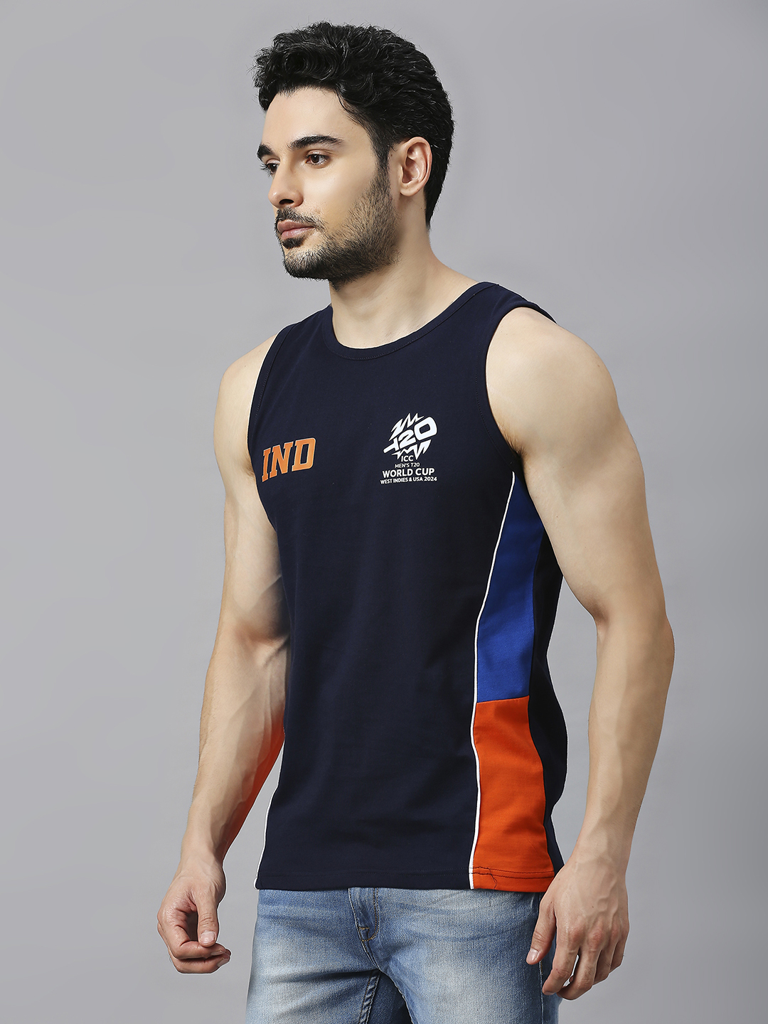 India ICC Men's T20 WC-24 Navy Blue and Orange Printed Sleeveless Round Neck Polyester Sports Vest (2)