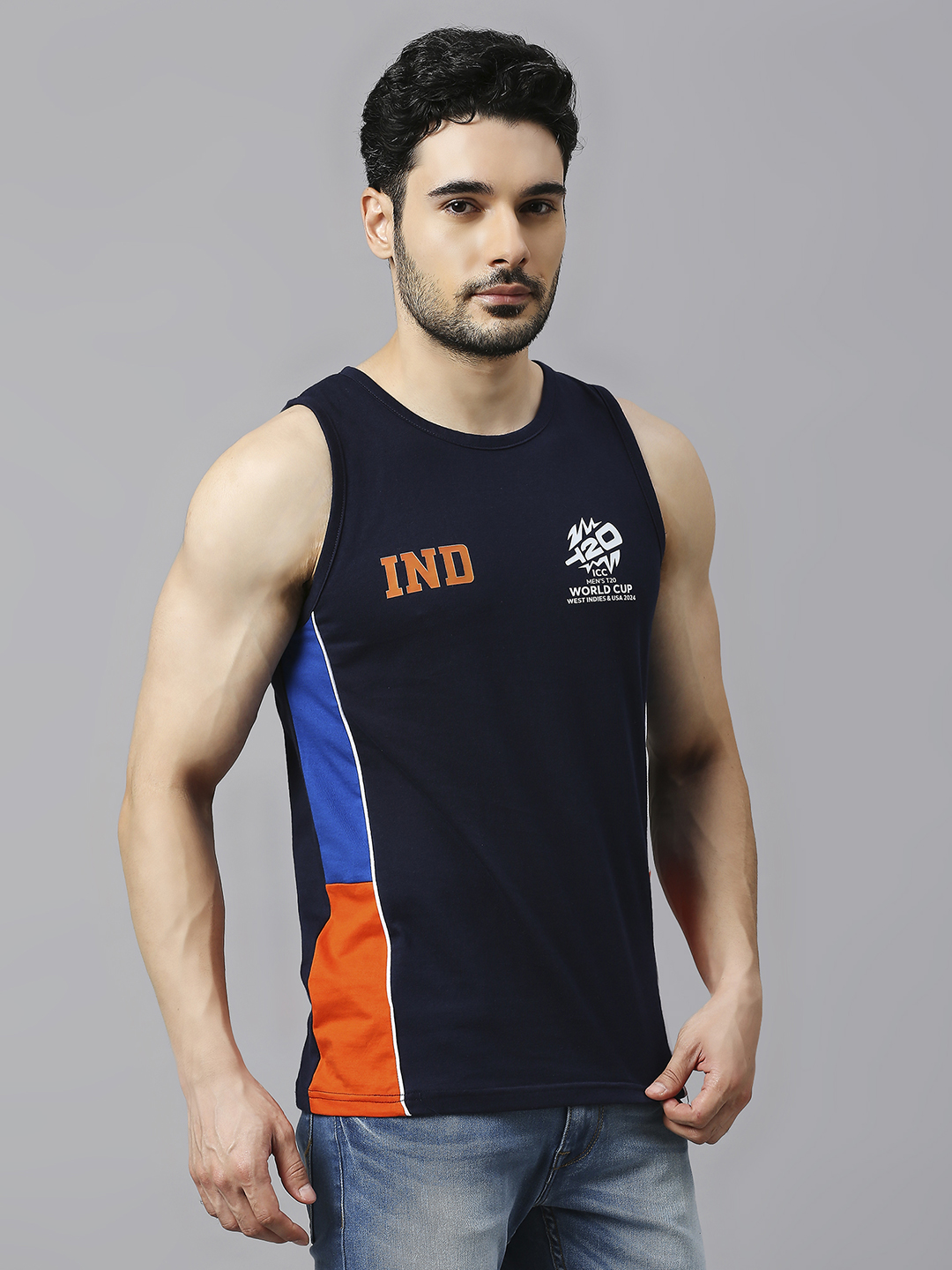 India ICC Men's T20 WC-24 Navy Blue and Orange Printed Sleeveless Round Neck Polyester Sports Vest (3)