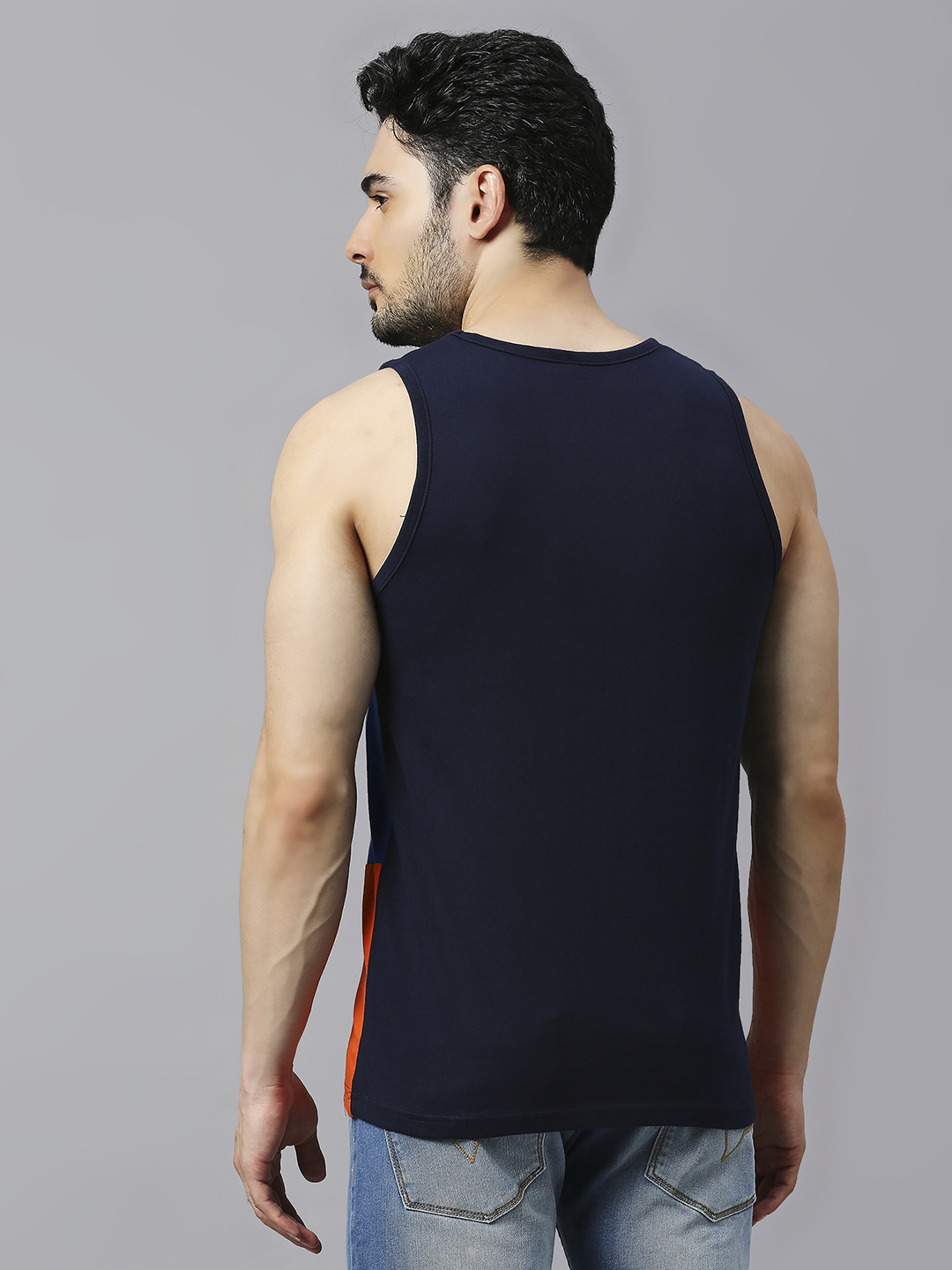 India ICC Men's T20 WC-24 Navy Blue and Orange Printed Sleeveless Round Neck Polyester Sports Vest (4)