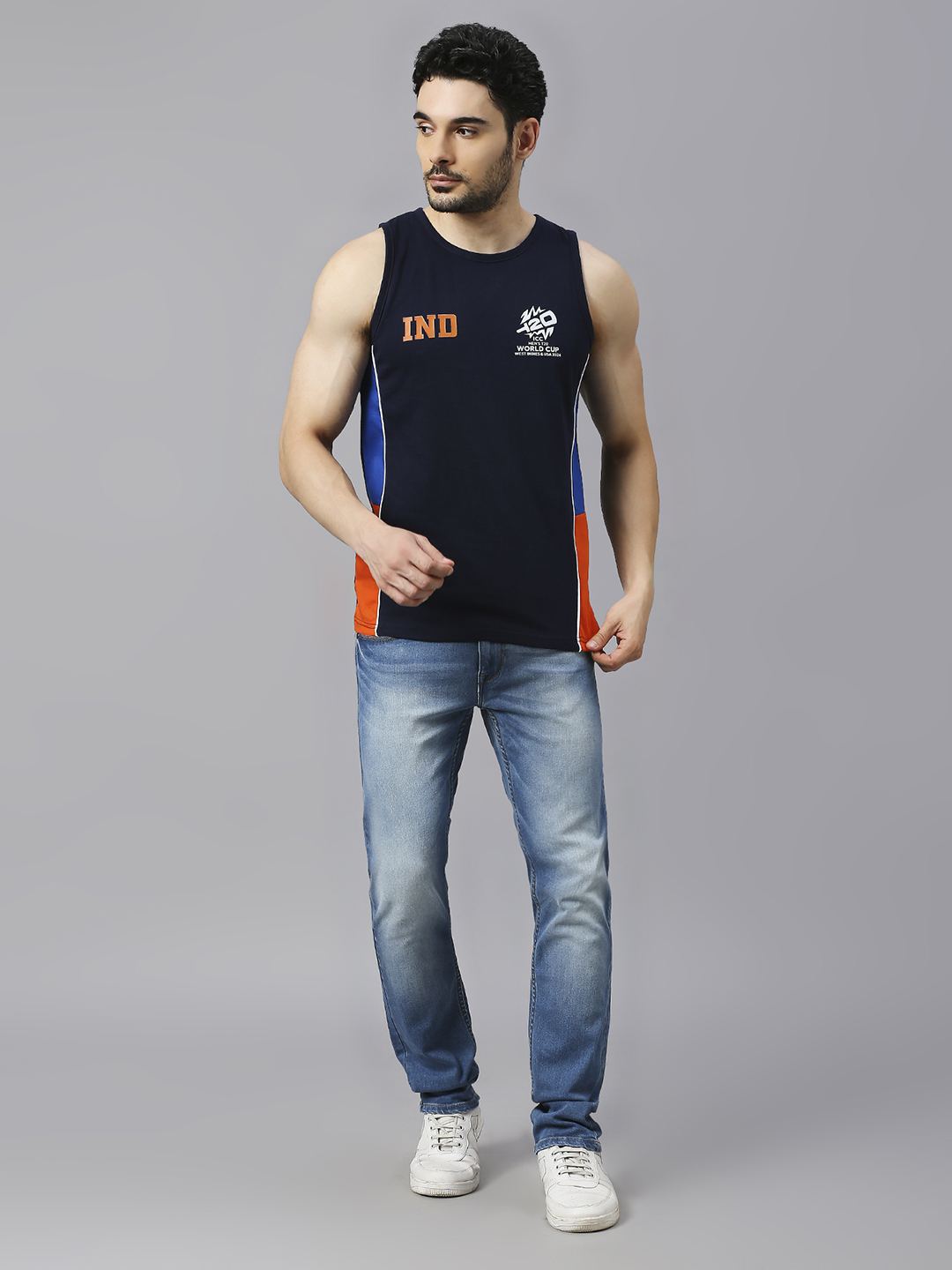 India ICC Men's T20 WC-24 Navy Blue and Orange Printed Sleeveless Round Neck Polyester Sports Vest (5)