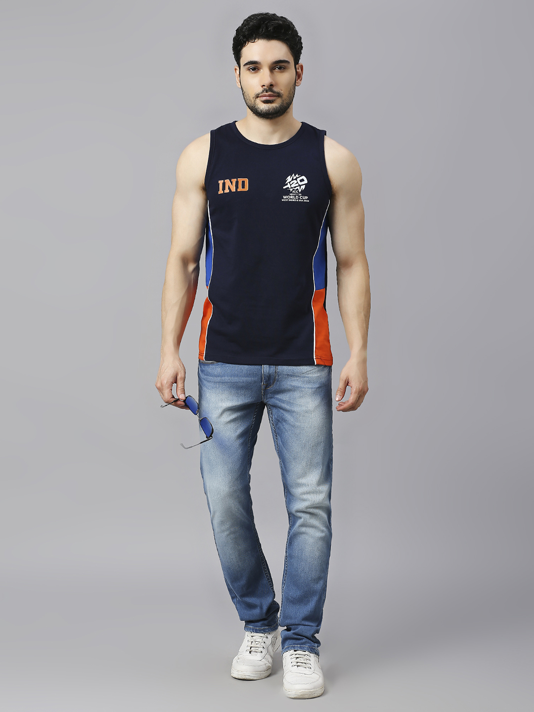 India ICC Men's T20 WC-24 Navy Blue and Orange Printed Sleeveless Round Neck Polyester Sports Vest (6)