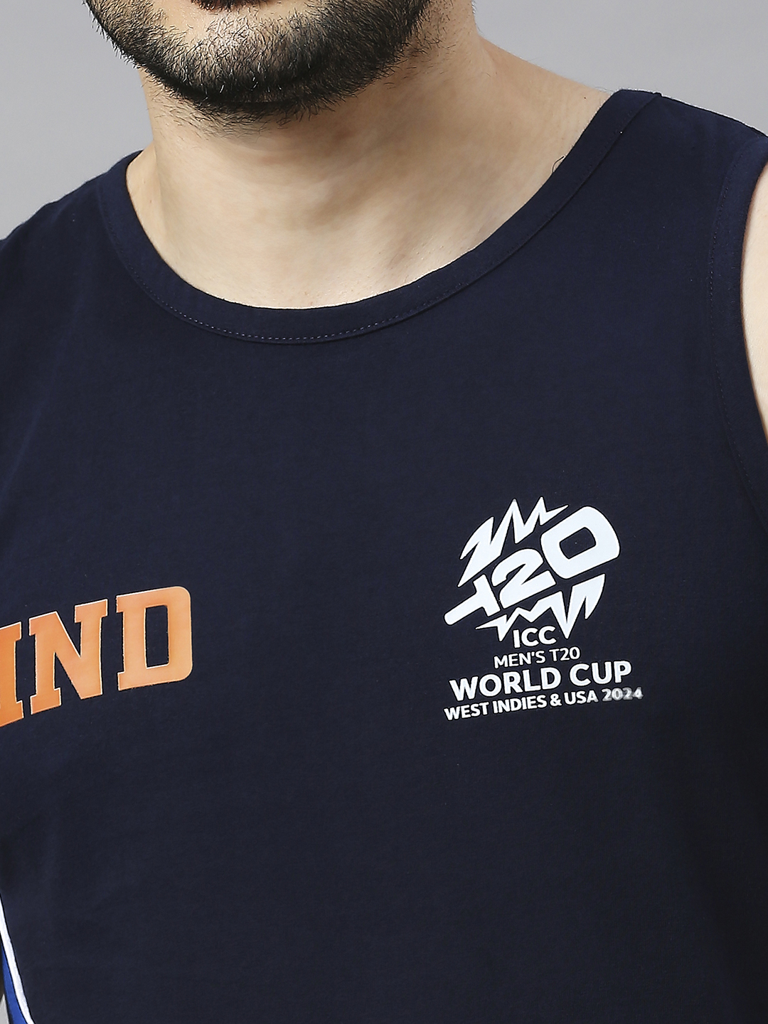 India ICC Men's T20 WC-24 Navy Blue and Orange Printed Sleeveless Round Neck Polyester Sports Vest (7)