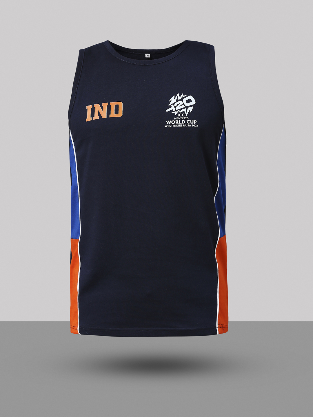 India ICC Men's T20 WC-24 Navy Blue and Orange Printed Sleeveless Round Neck Polyester Sports Vest (8)