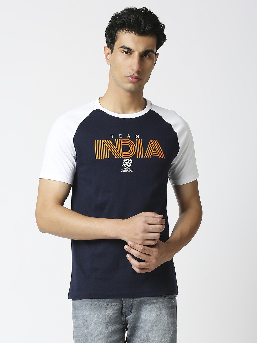 India ICC Men's T20 WC-24 Navy Blue and White Colourblocked Half Sleeves Round Neck Cotton T-Shirt (3)