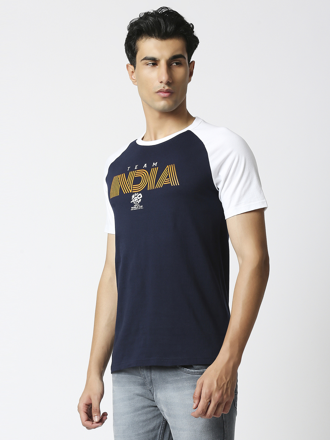 India ICC Men's T20 WC-24 Navy Blue and White Colourblocked Half Sleeves Round Neck Cotton T-Shirt (4)