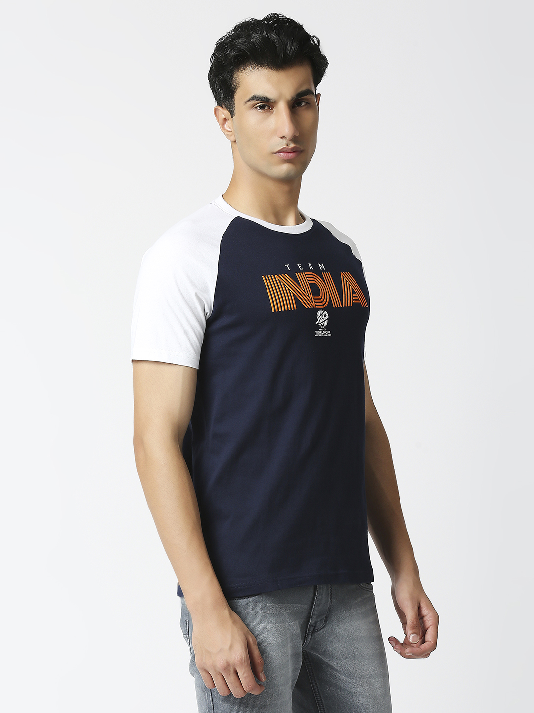India ICC Men's T20 WC-24 Navy Blue and White Colourblocked Half Sleeves Round Neck Cotton T-Shirt (5)