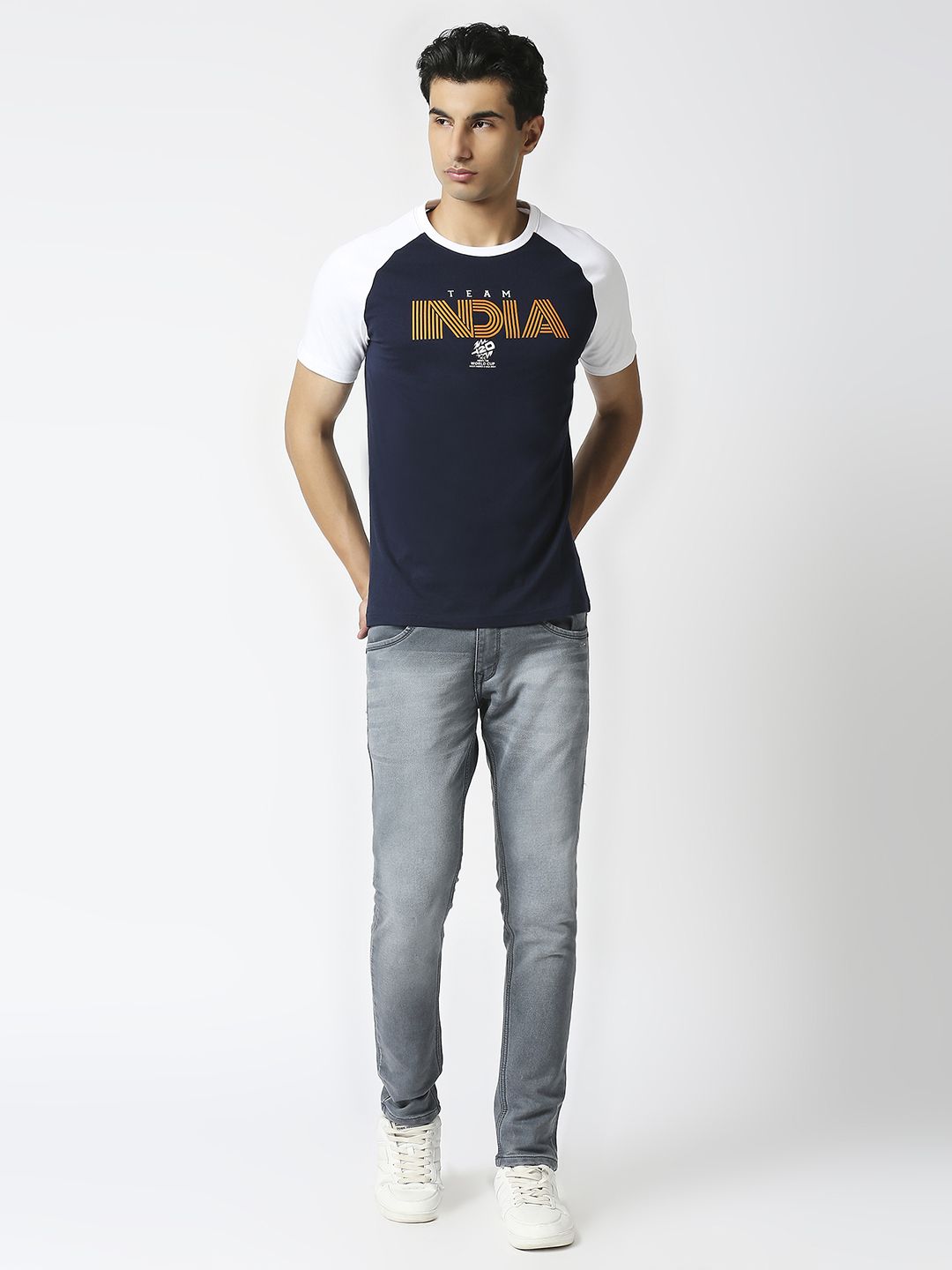 India ICC Men's T20 WC-24 Navy Blue and White Colourblocked Half Sleeves Round Neck Cotton T-Shirt (7)