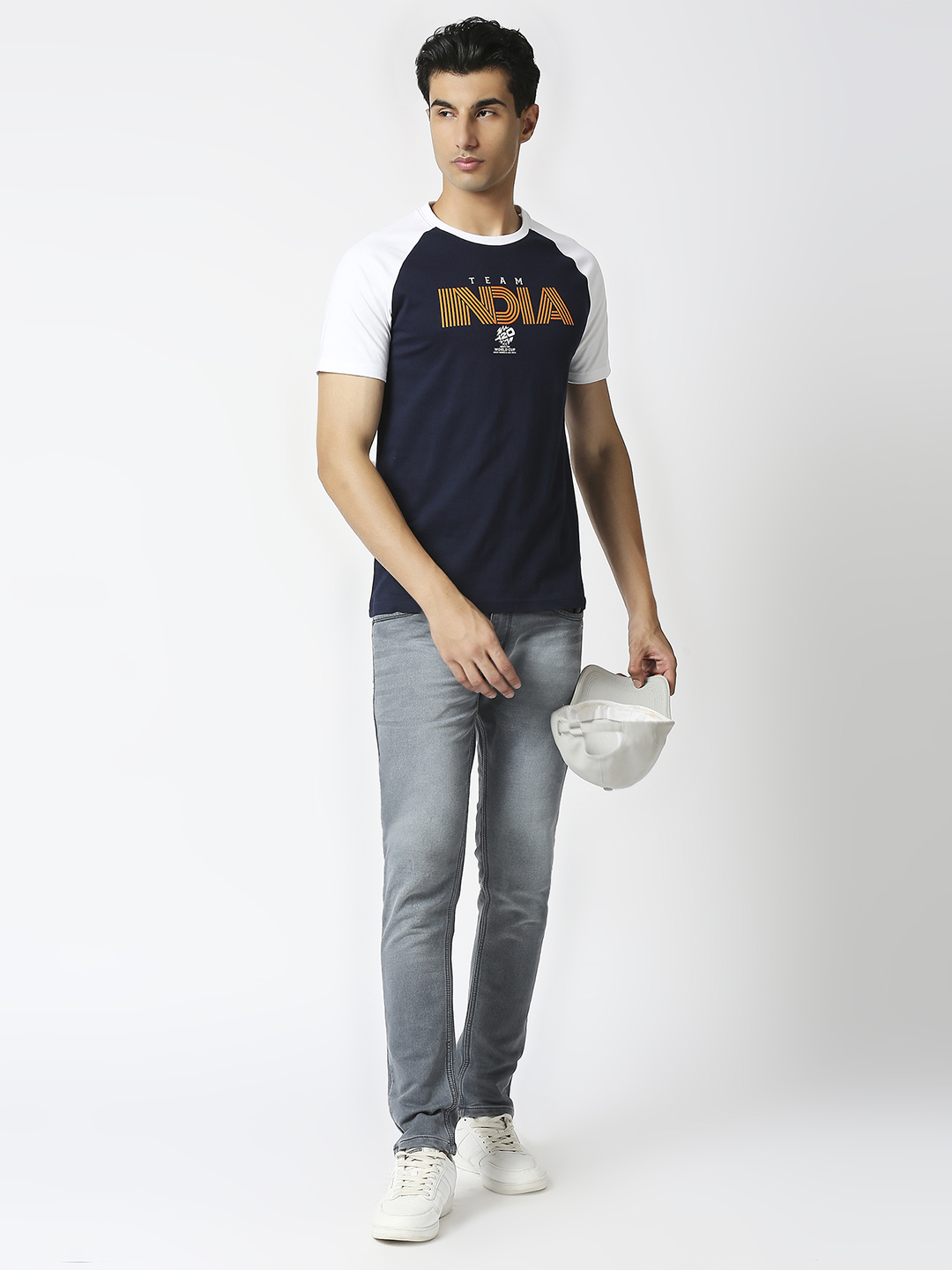 India ICC Men's T20 WC-24 Navy Blue and White Colourblocked Half Sleeves Round Neck Cotton T-Shirt (8)