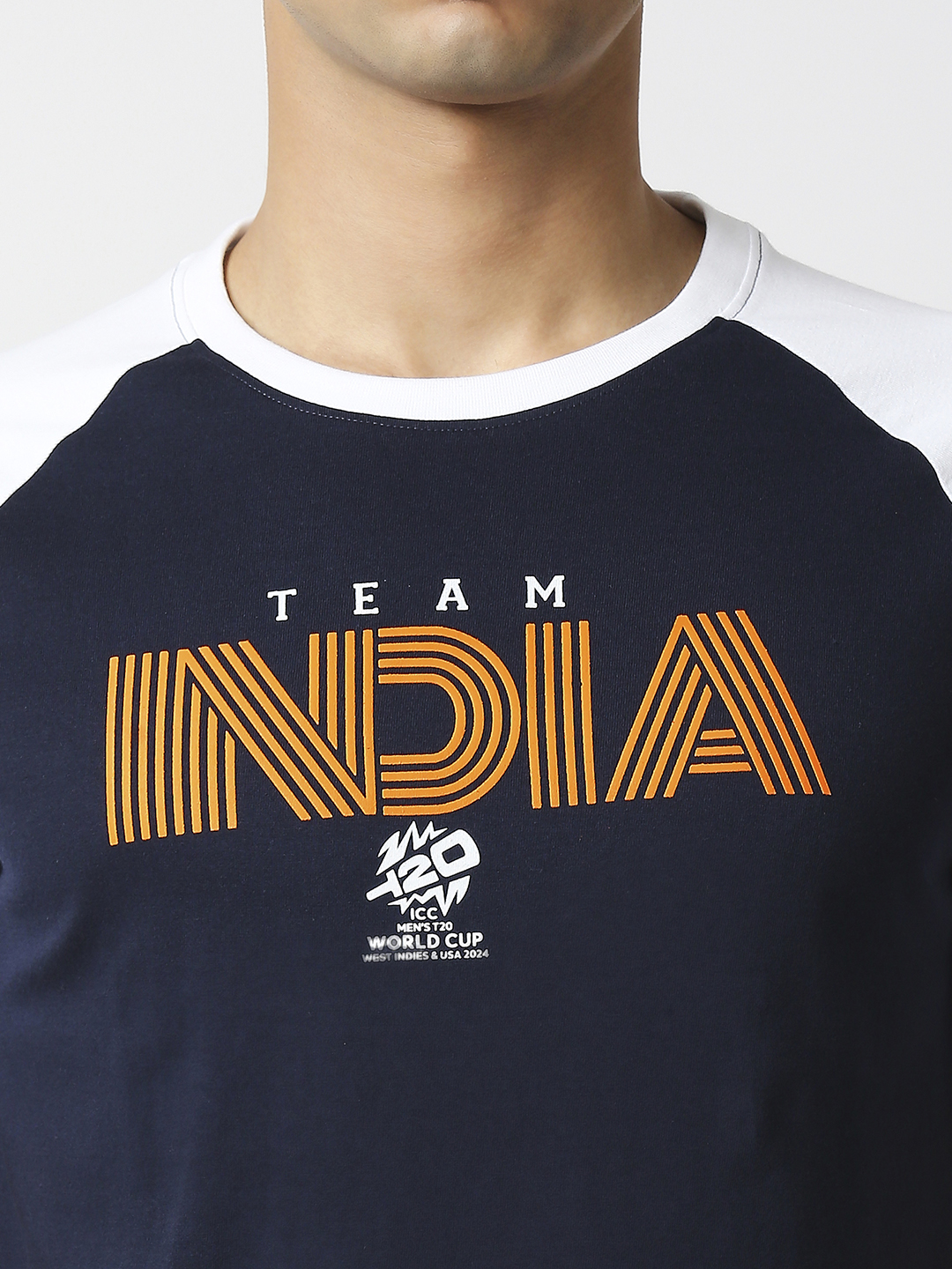 India ICC Men's T20 WC-24 Navy Blue and White Colourblocked Half Sleeves Round Neck Cotton T-Shirt (9)