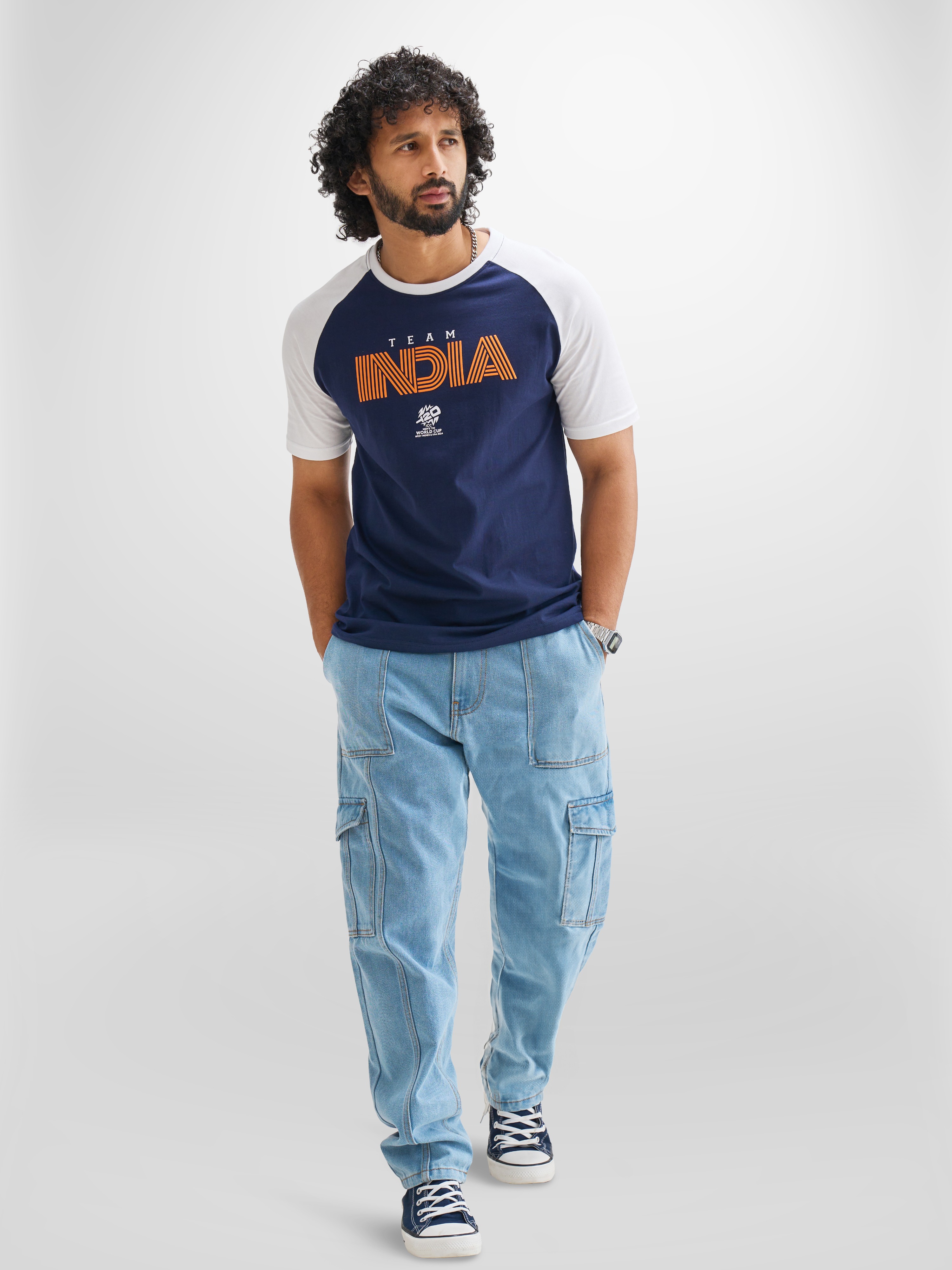 India ICC Men's T20 WC-24 Navy Blue and White Colourblocked Half Sleeves Round Neck Cotton T-Shirt (2)