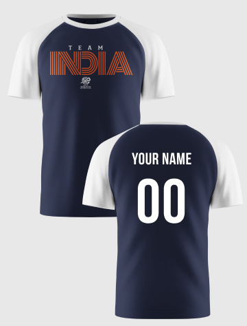 India ICC Men's T20 WC-24 Navy Blue and White Colourblocked Half Sleeves Round Neck Cotton T-Shirt - Customised